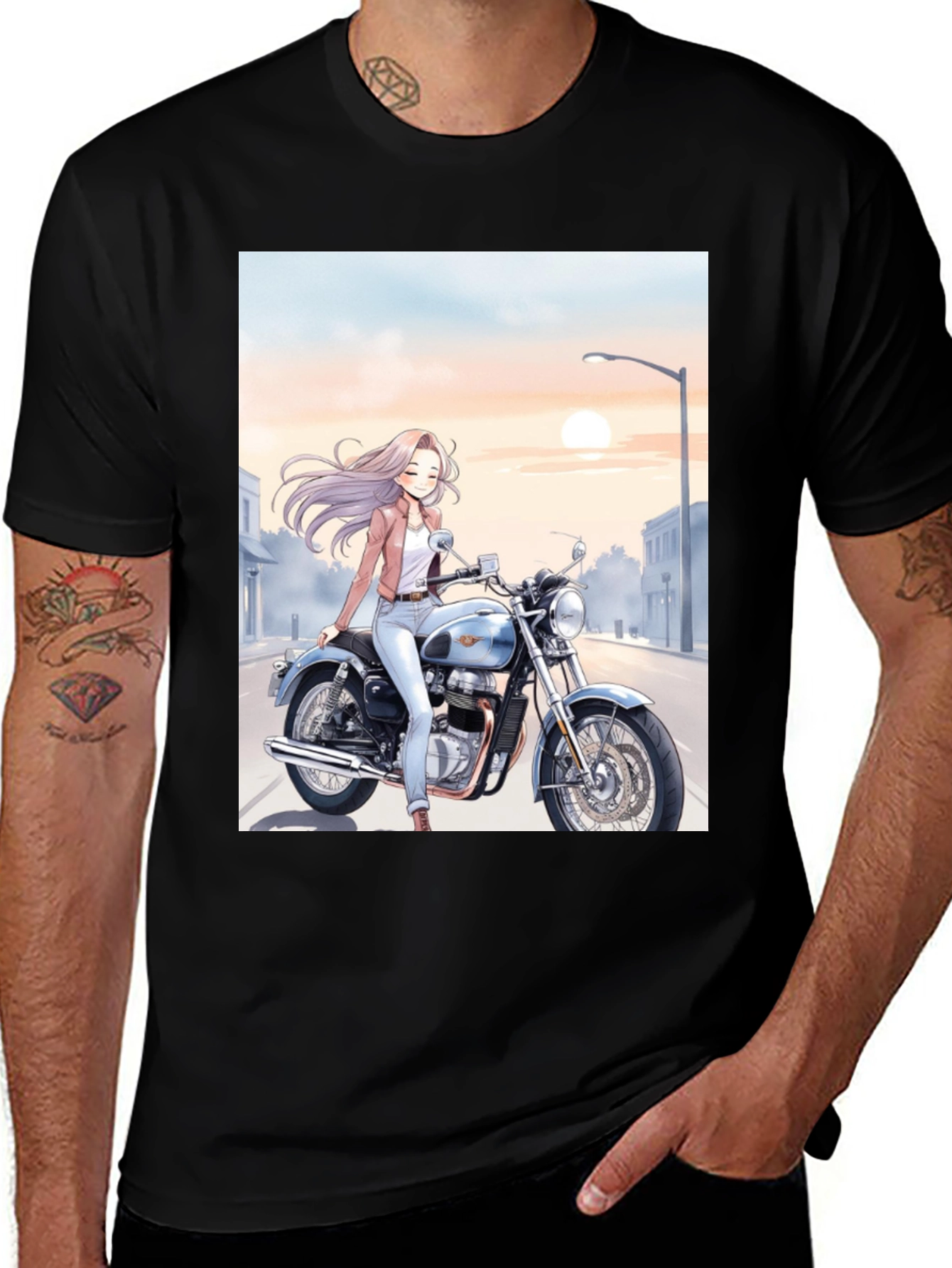 Black Anime Girl Motorcycle T-Shirt - Cool Graphic Tee main image