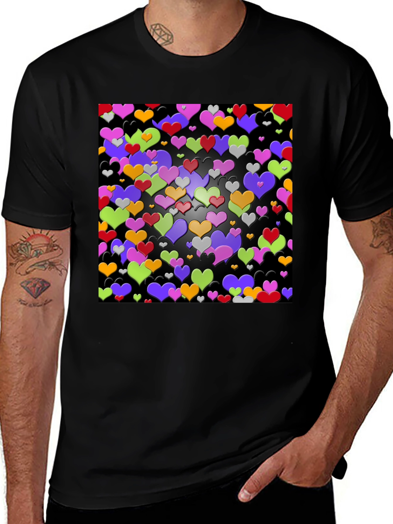 Variant 5 of Colorful Hearts Pattern Black T-Shirt