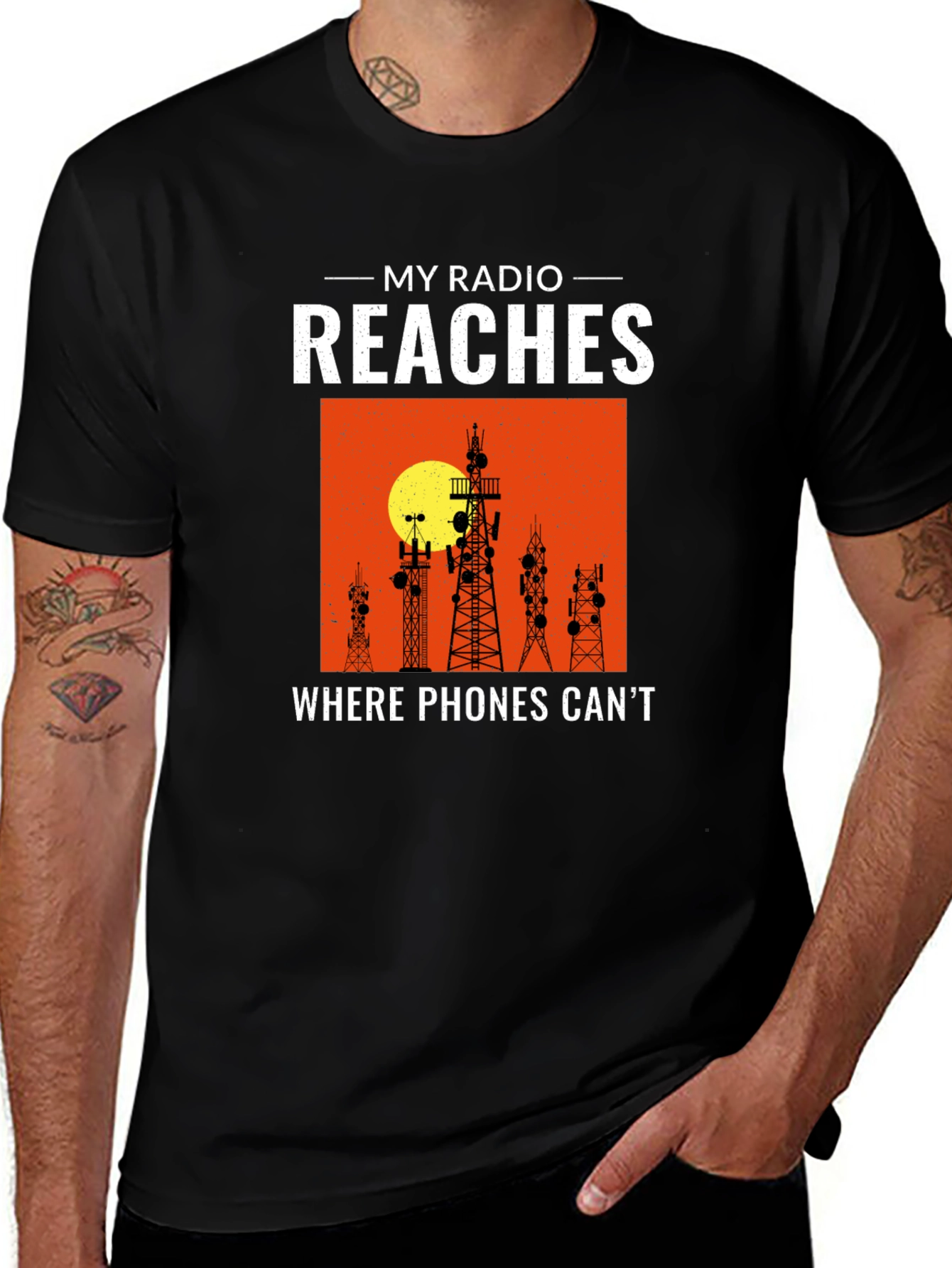 Variant 26 of My Radio Reaches T-Shirt, Ham Radio Operator Gift