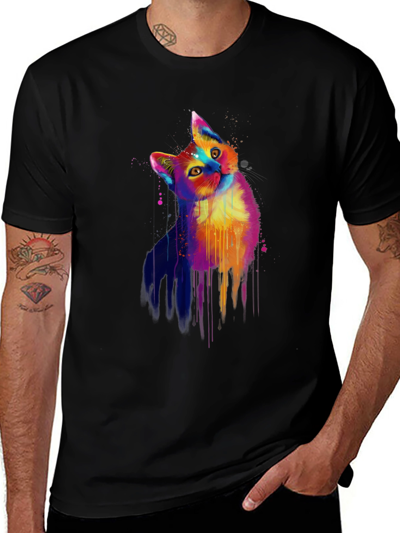 Variant 28 of Colorful Cat Graphic Black T-Shirt