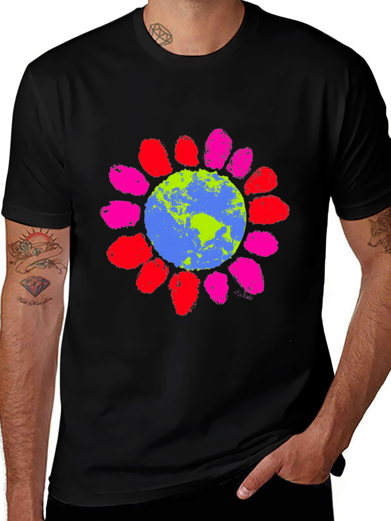 Earth Day Graphic Tee - Colorful Earth Flower Design
