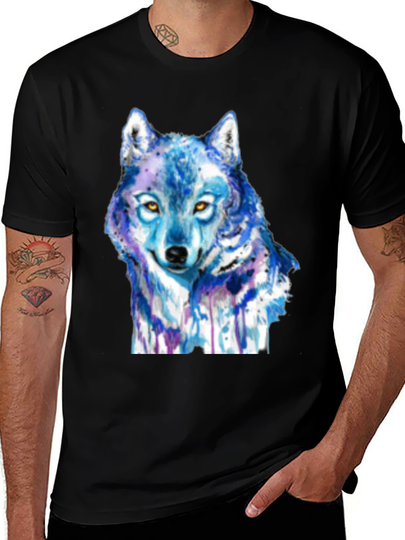 Variant 9 of Watercolor Wolf Graphic Print Black T-Shirt
