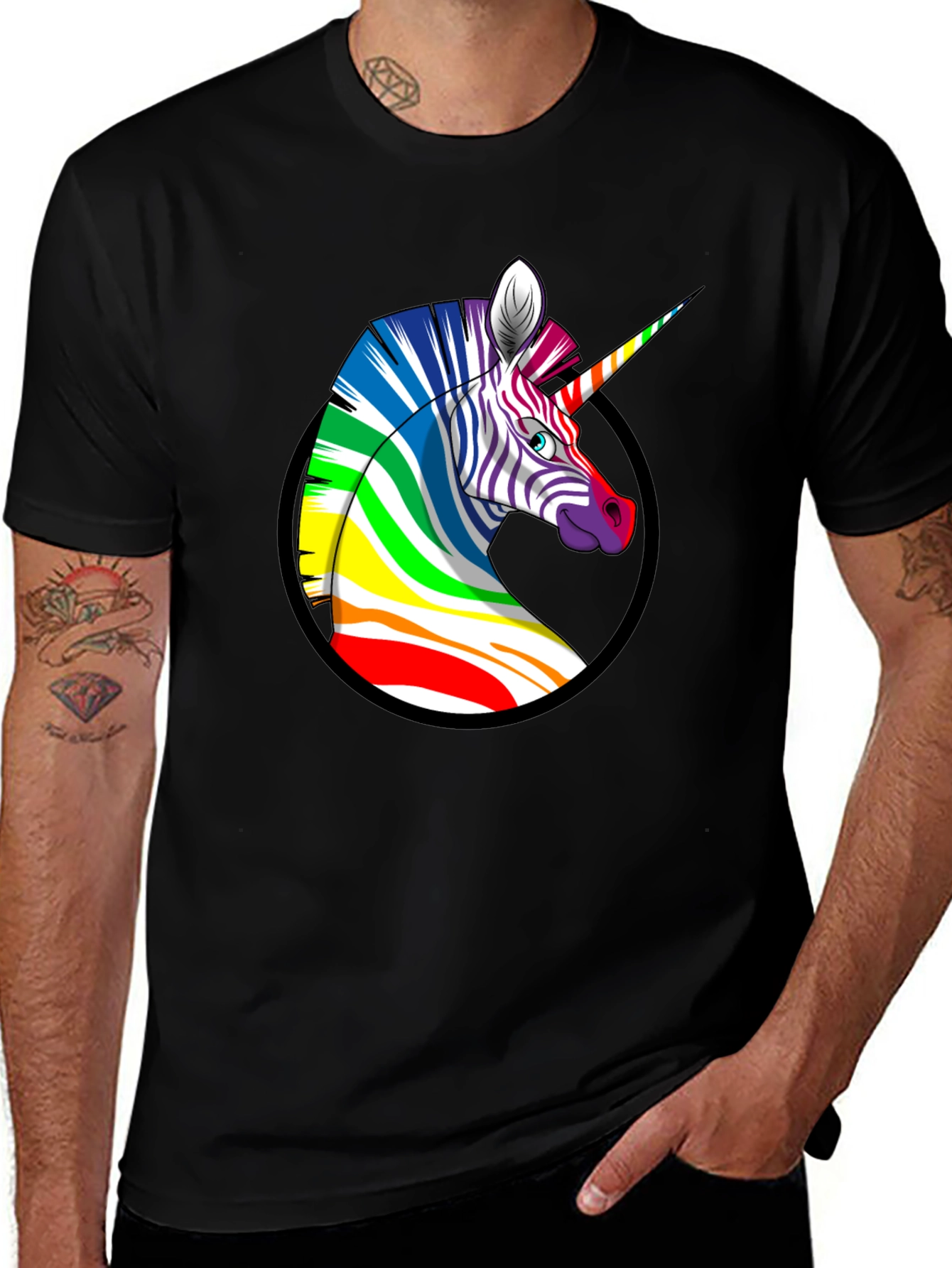 Variant 20 of Rainbow Zebra Unicorn Graphic Tee - Men's Black T-Shirt