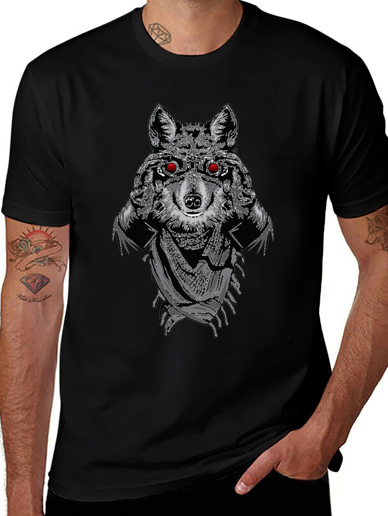 Variant 3 of Wolf Graphic T-Shirt - Men's Black Crew Neck Tee
