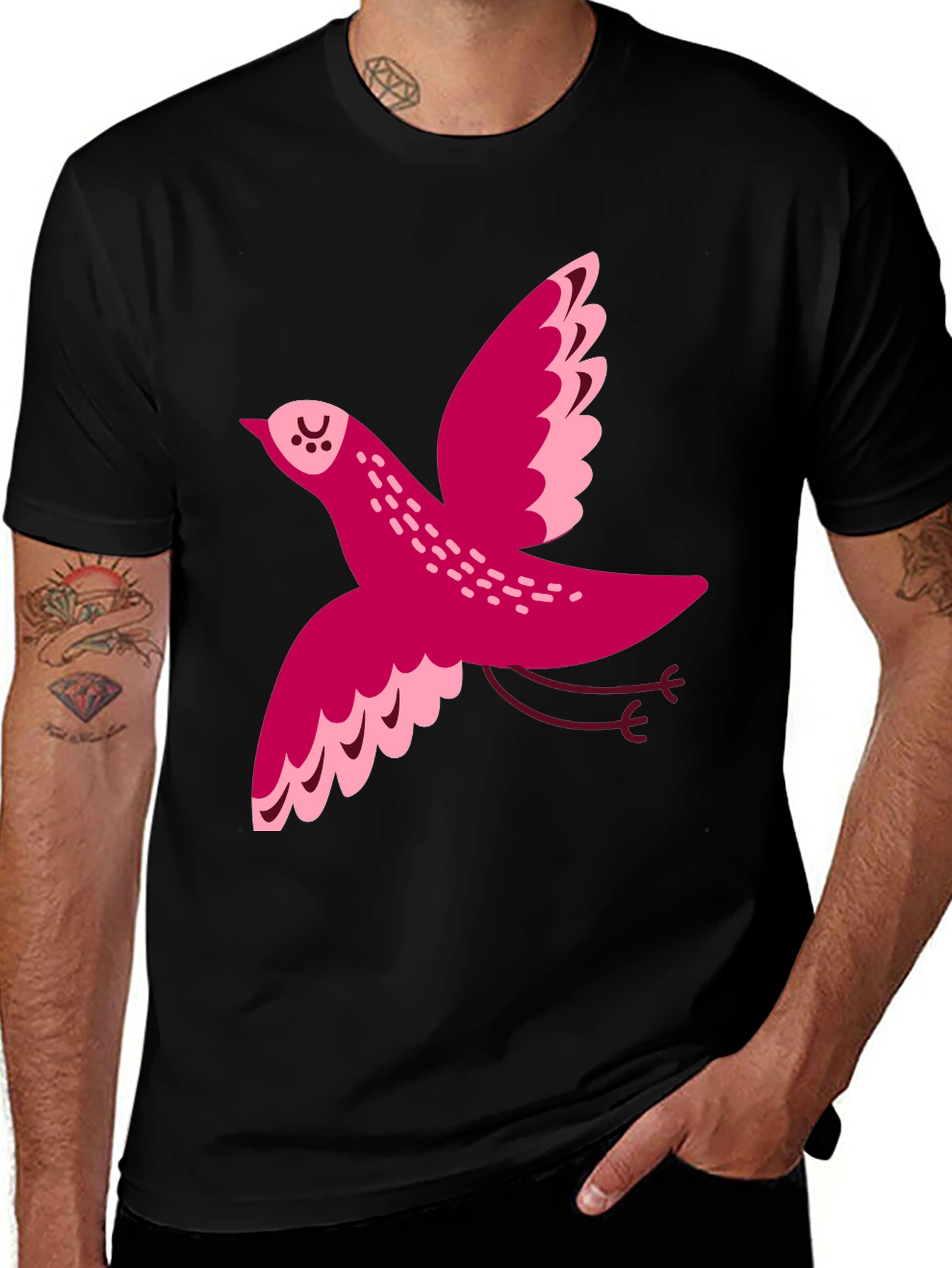 Variant 8 of Whimsical Bird Graphic Tee - Black Cotton T-Shirt