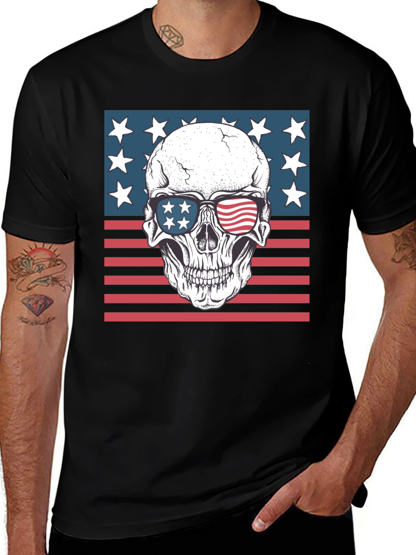 Black American Flag Skull Graphic Tee - Patriotic Style main image