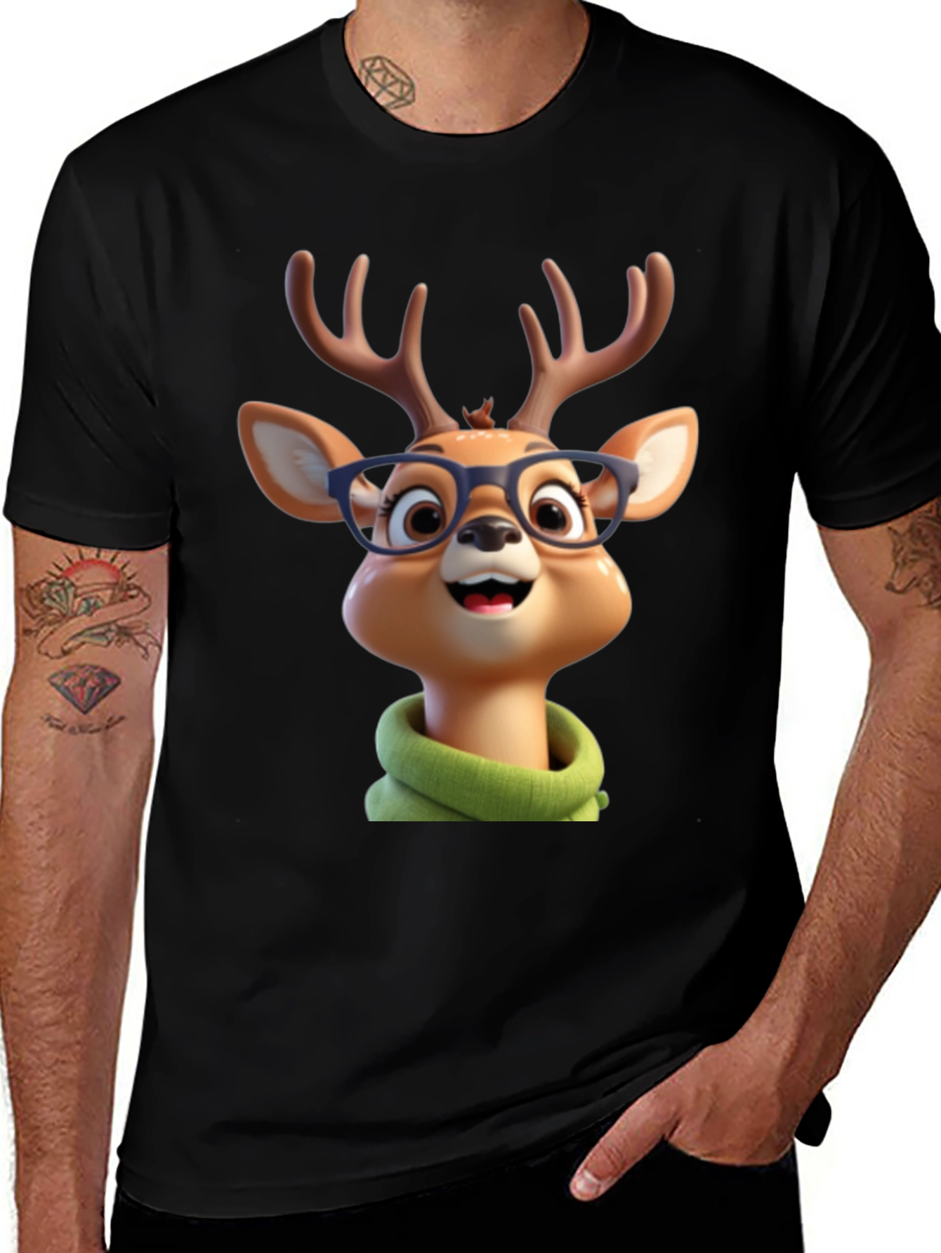 Variant 27 of Cartoon Deer Graphic Tee - Black Crew Neck