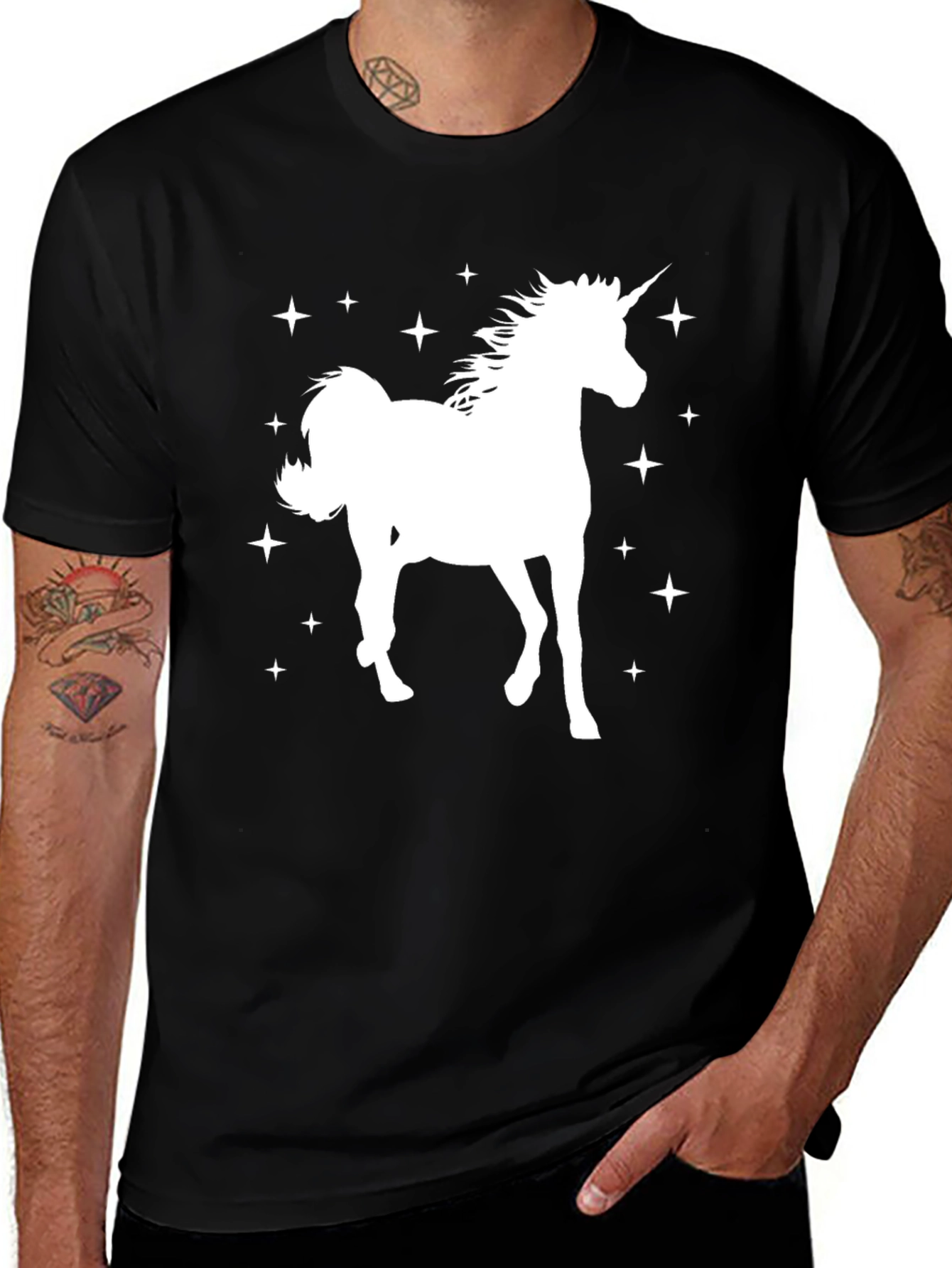 Unicorn Starry Tee - Black Cotton Graphic T-Shirt