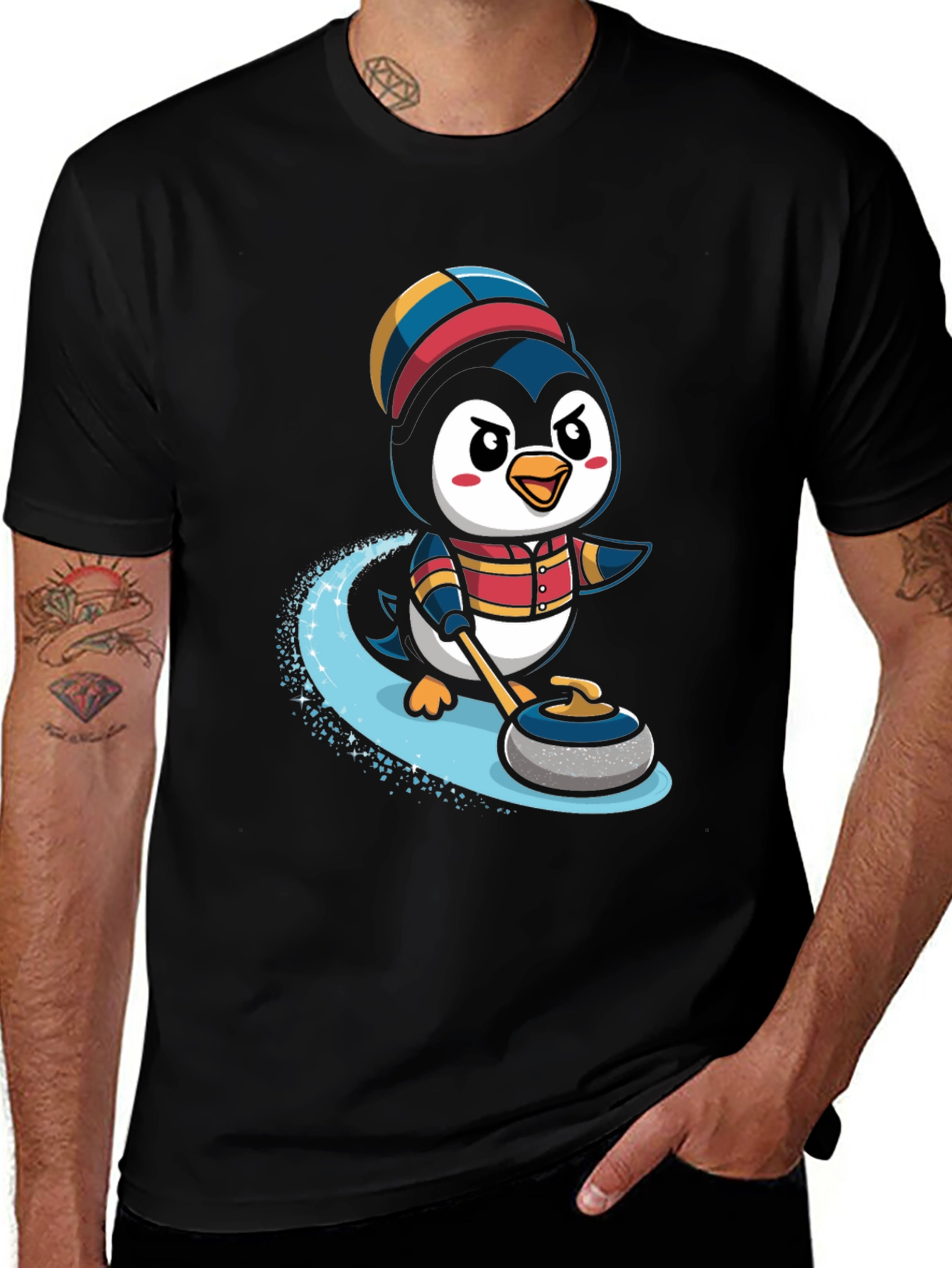 Variant 22 of Penguin Curling T-Shirt - Cute Cartoon Design