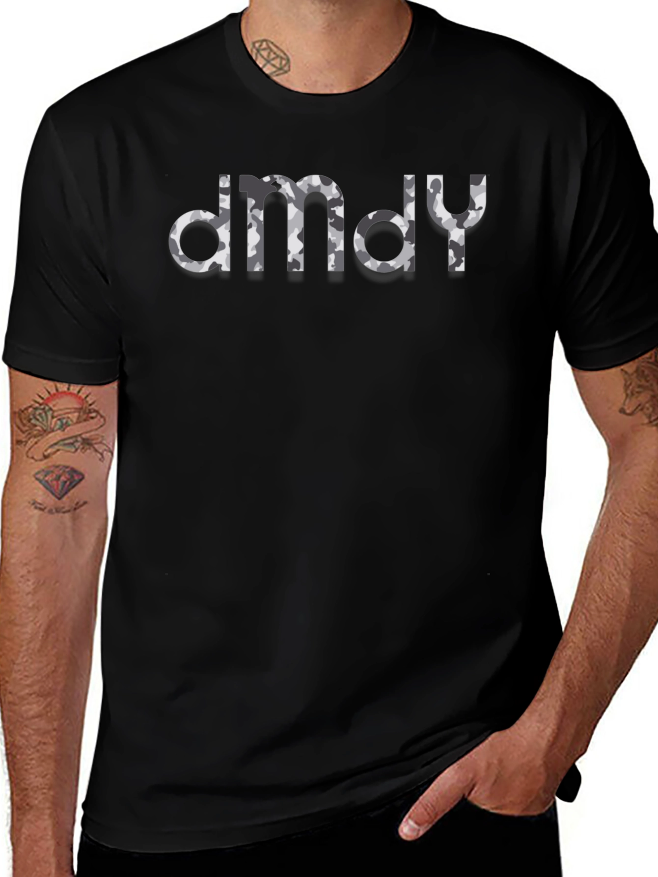 Variant 23 of Trendy Black T-Shirt with Camo "dmdy" Graphic