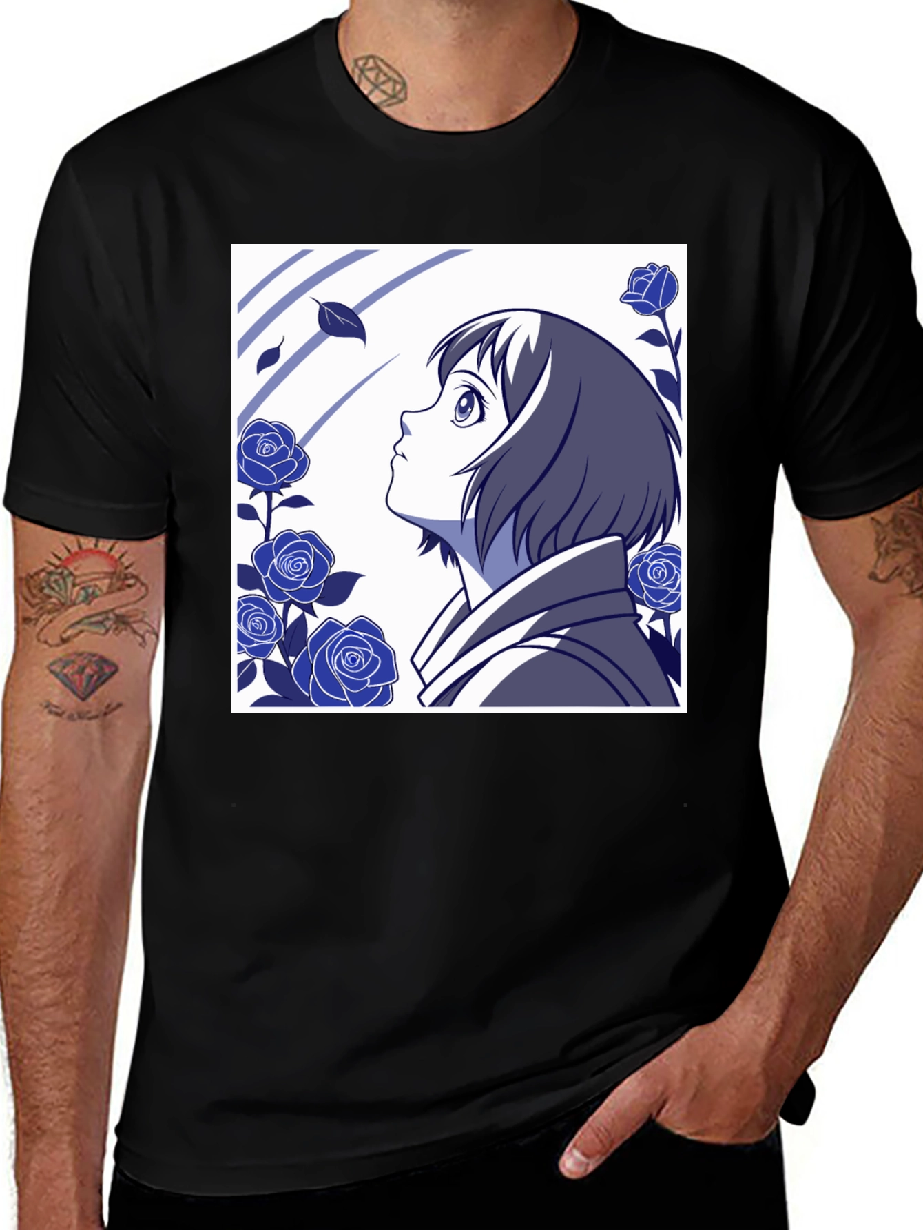 Variant 6 of Anime Girl & Roses Graphic Tee - Stylish Black T-Shirt
