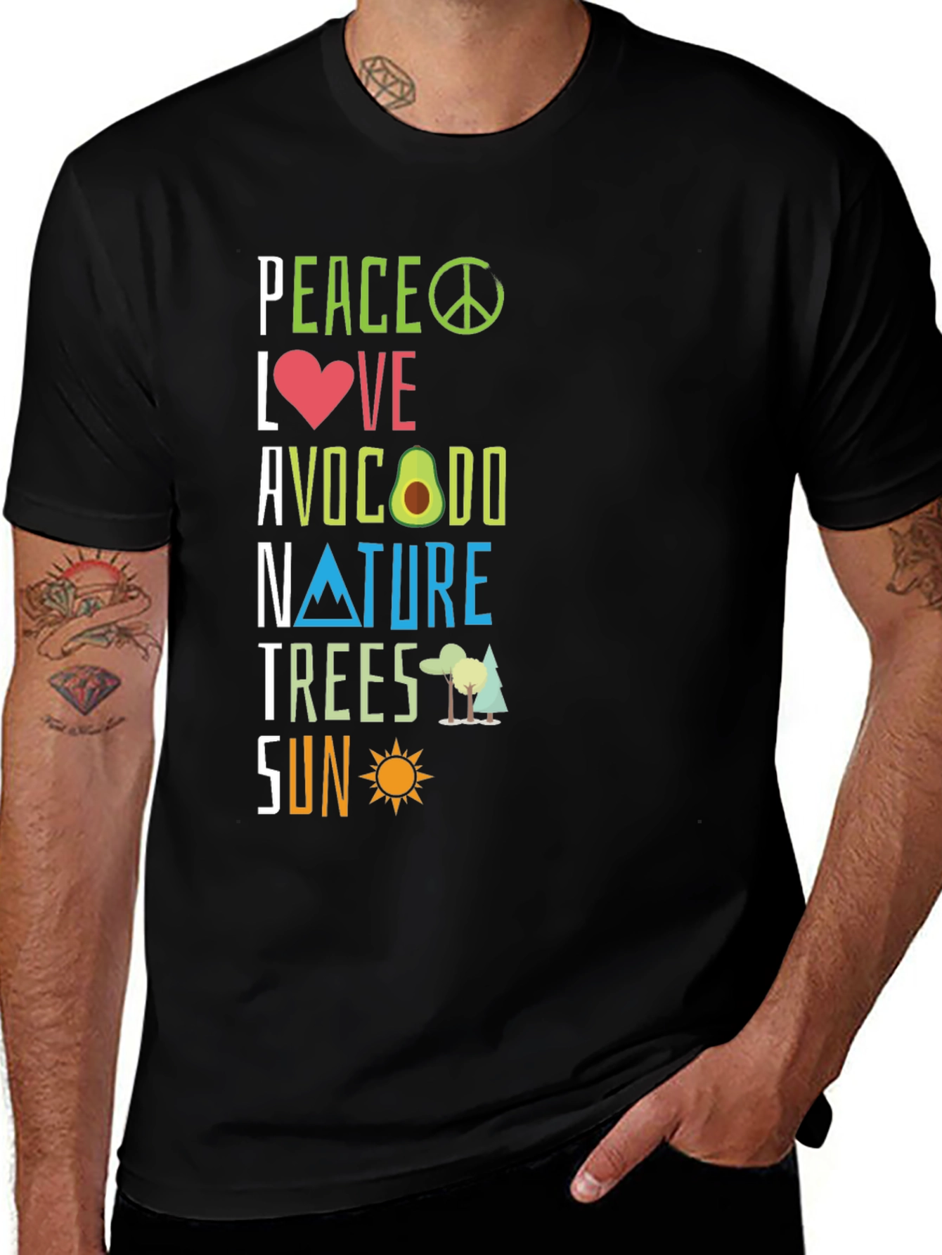 Peace Love Avocado Nature Trees Sun Graphic T-Shirt