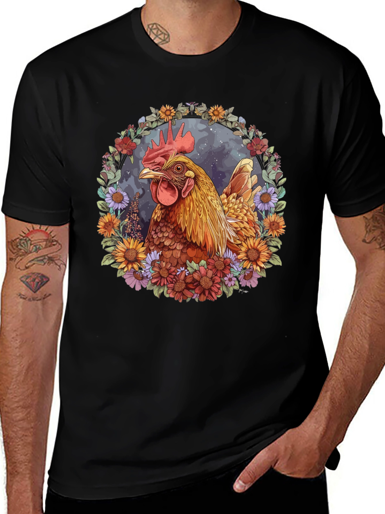 Variant 21 of Rooster Floral Wreath Black T-Shirt