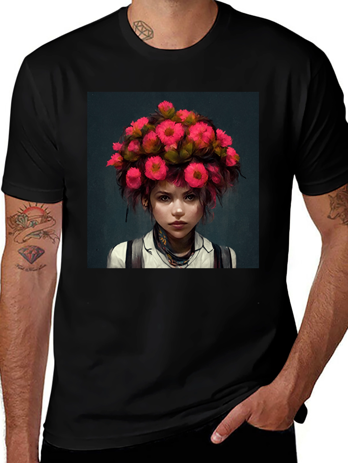 Floral Headpiece Girl Tee - Unique Graphic T-Shirt