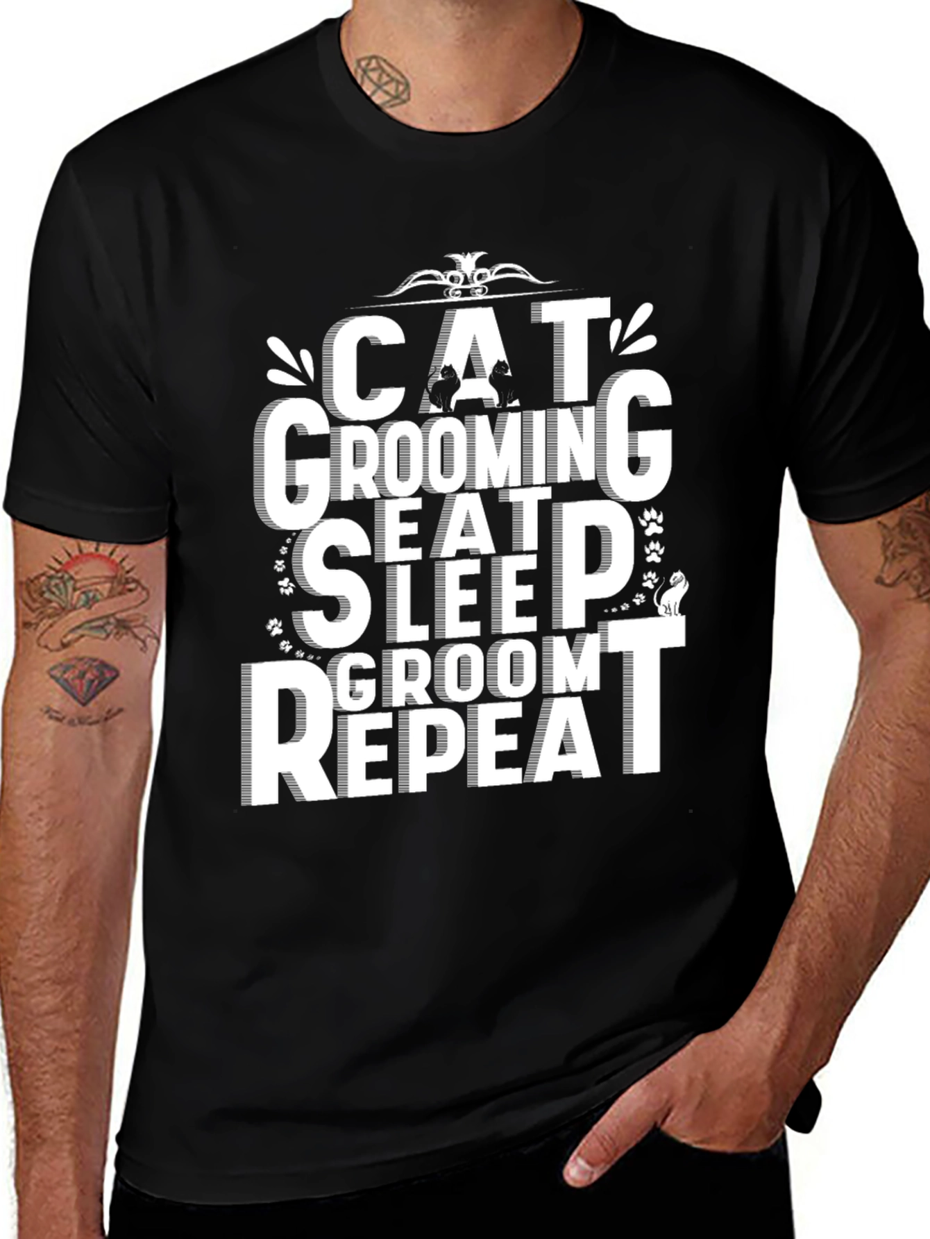 Variant 13 of Cat Grooming Eat Sleep Groom Repeat Black T-Shirt