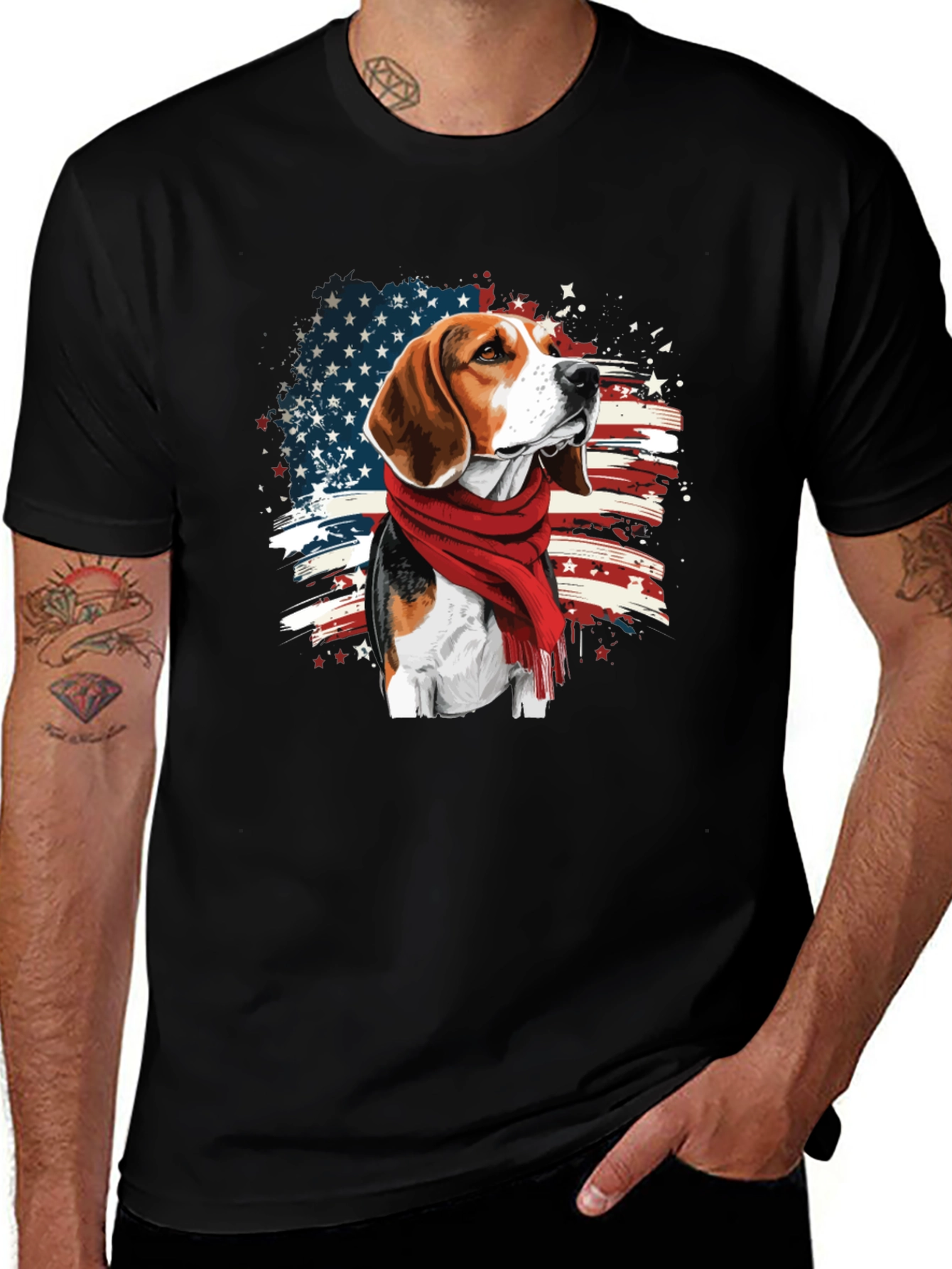 Patriotic Beagle T-Shirt - USA Flag Scarf