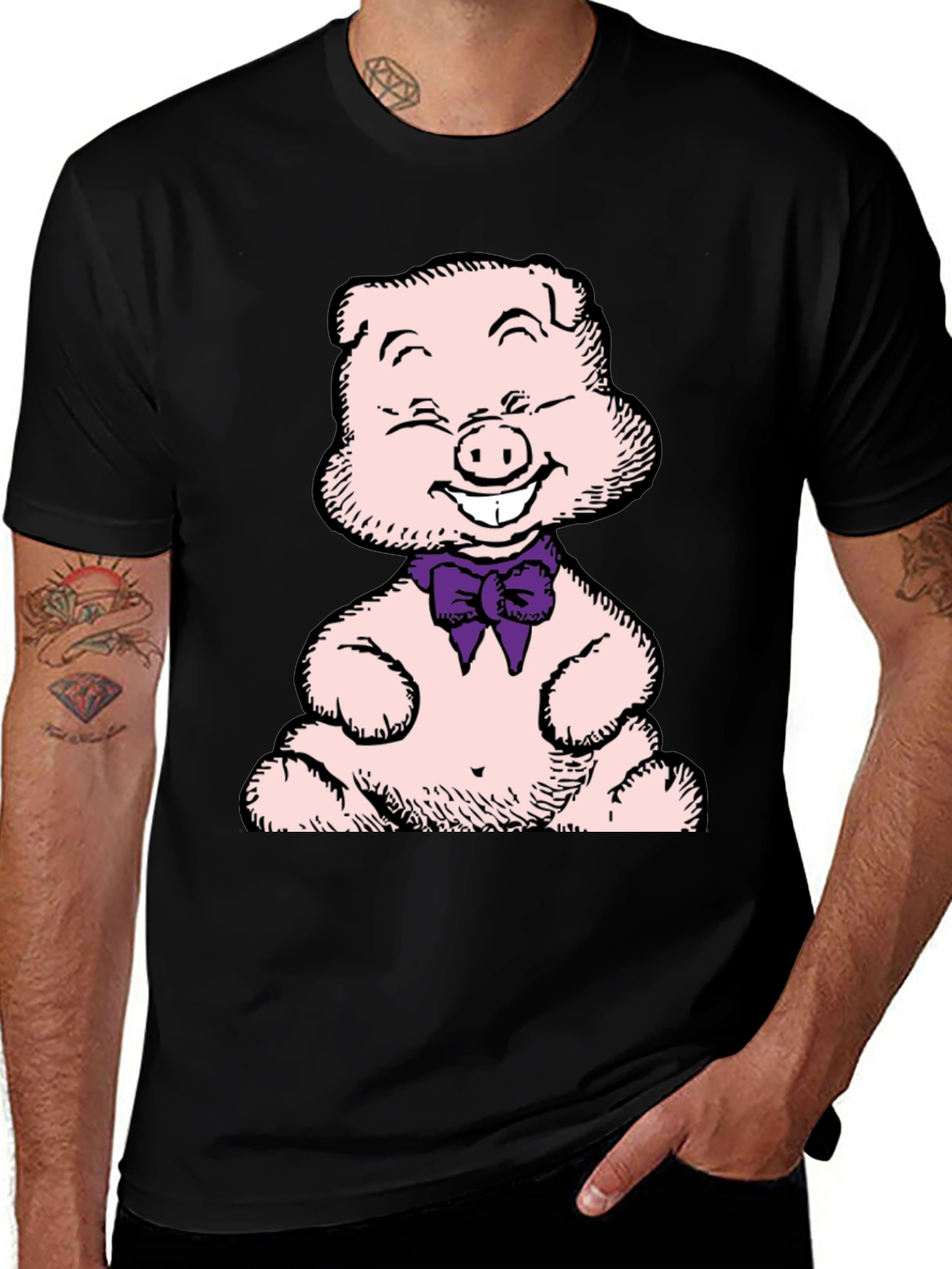 Variant 2 of Pig Cartoon Graphic T-Shirt, Black Crew Neck