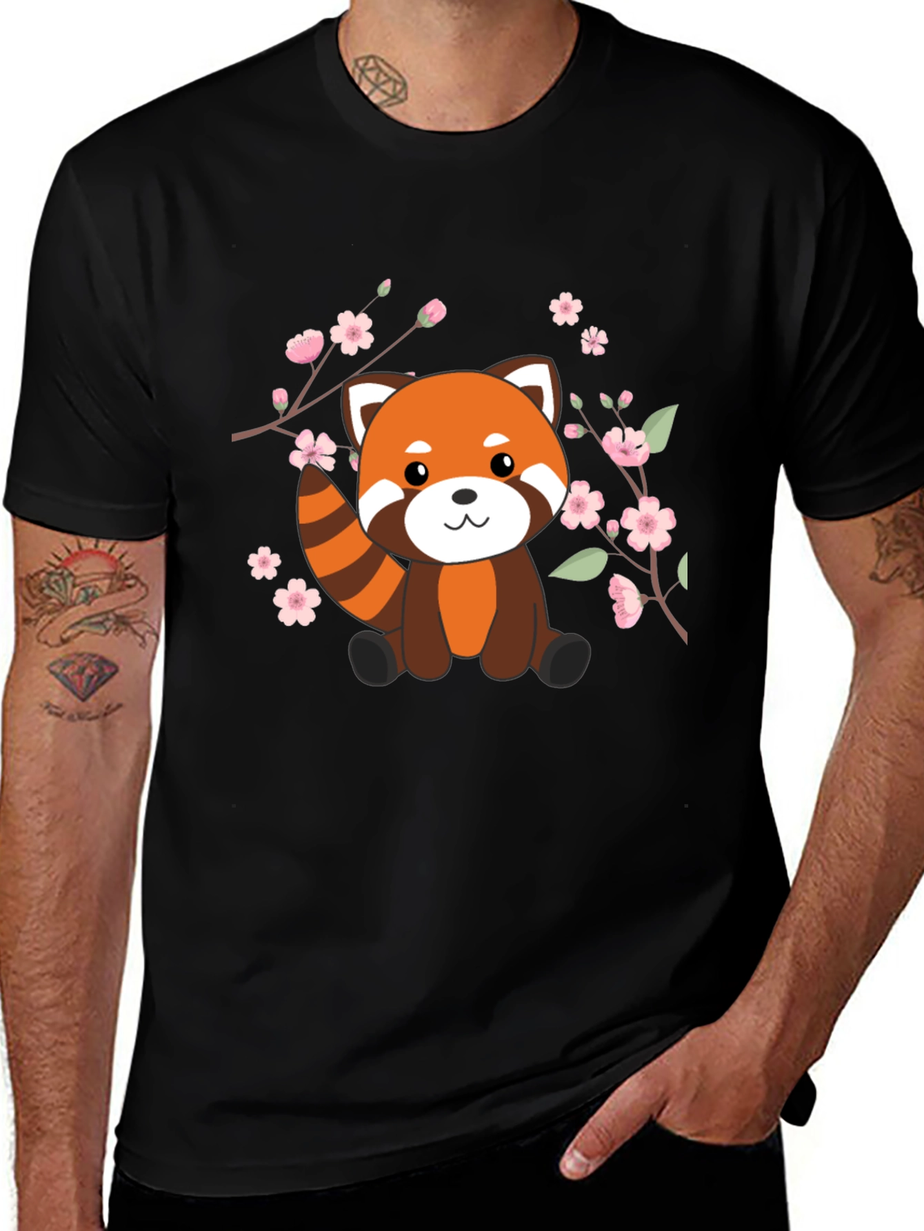 Variant 19 of Cute Red Panda & Cherry Blossom Black T-Shirt