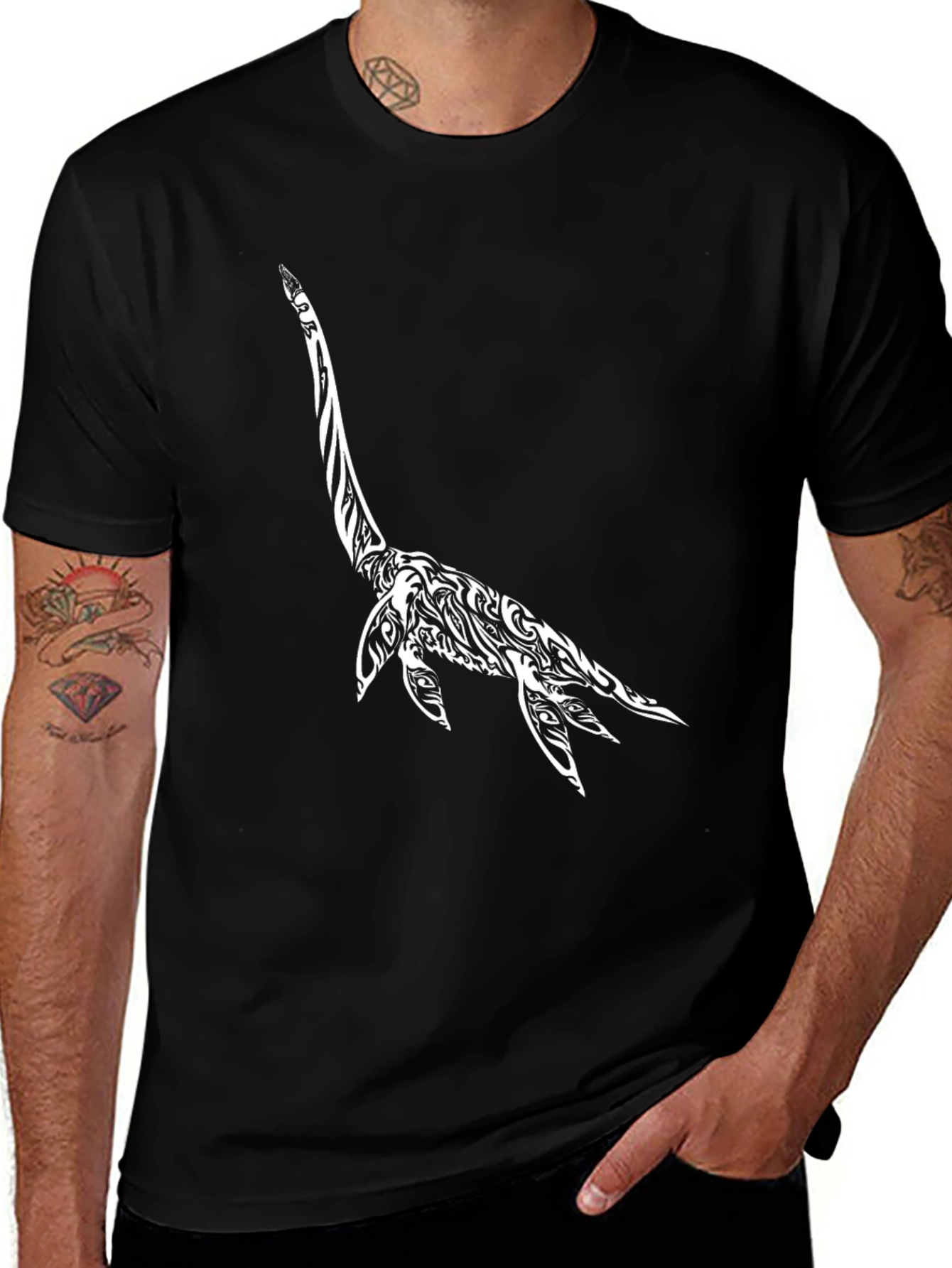 Variant 20 of Stylish Black T-Shirt with Plesiosaur Design