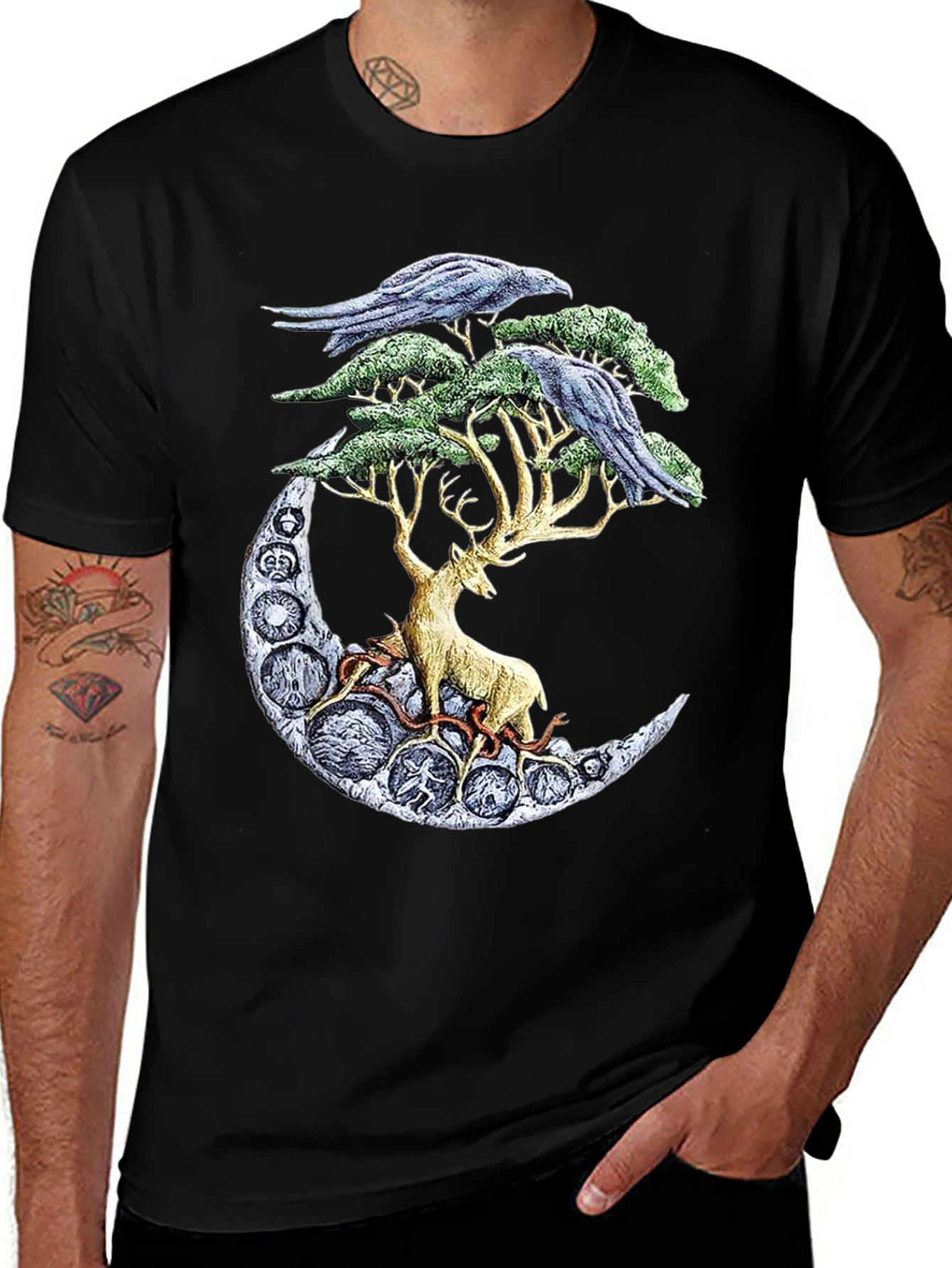 Variant 9 of Deer Moon Ravens T-Shirt Graphic Black