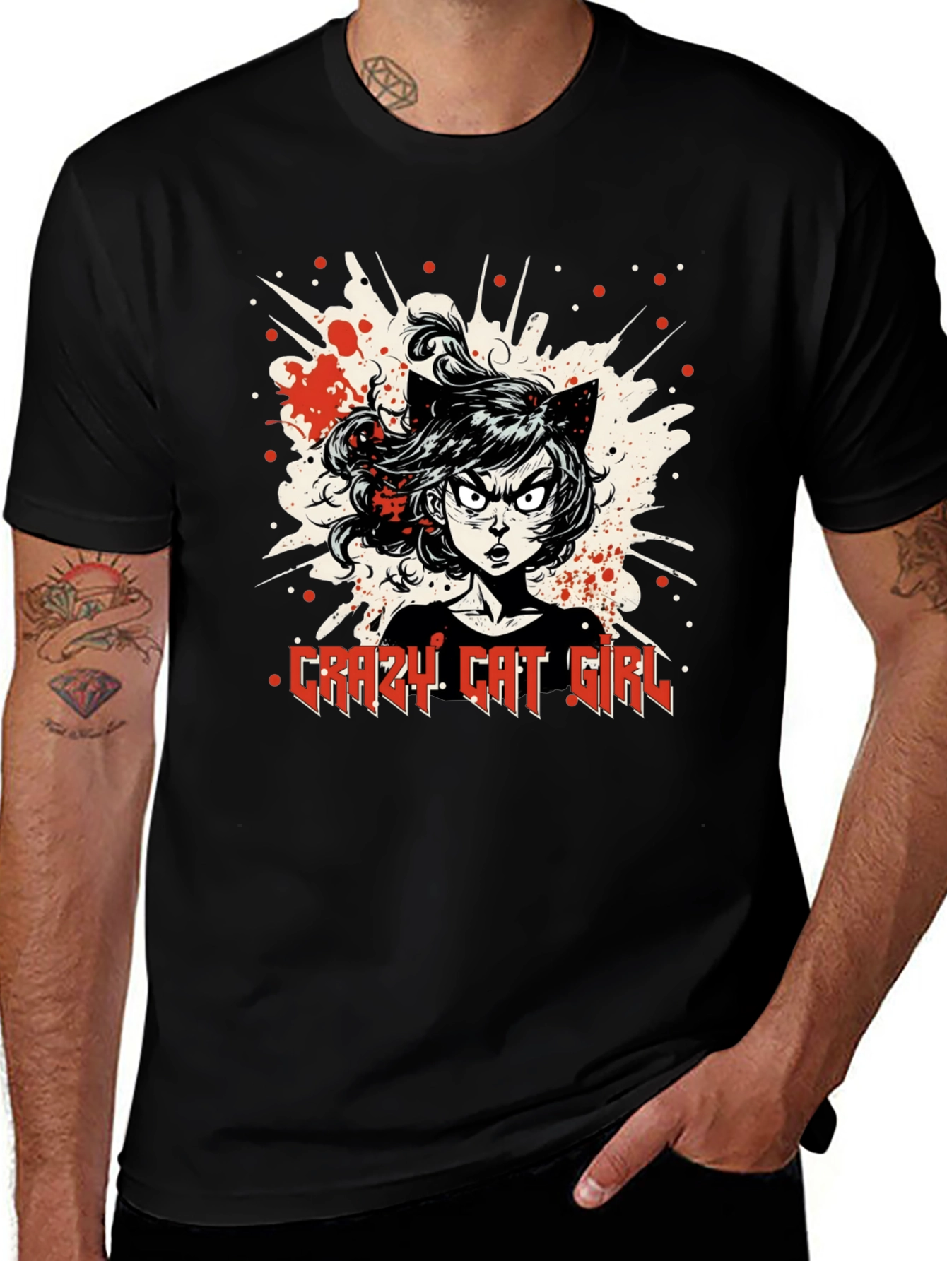 Variant 13 of Crazy Cat Girl Graphic T-Shirt - Black