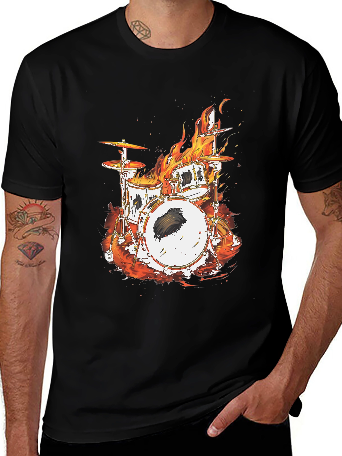 Variant 11 of Flaming Drum Set Black T-Shirt