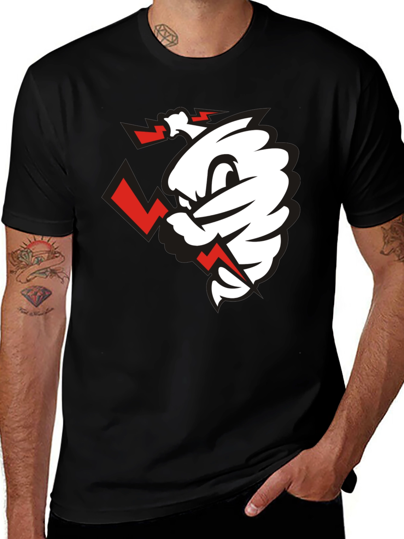 Variant 22 of Black T-Shirt with Tornado Cartoon Graphic