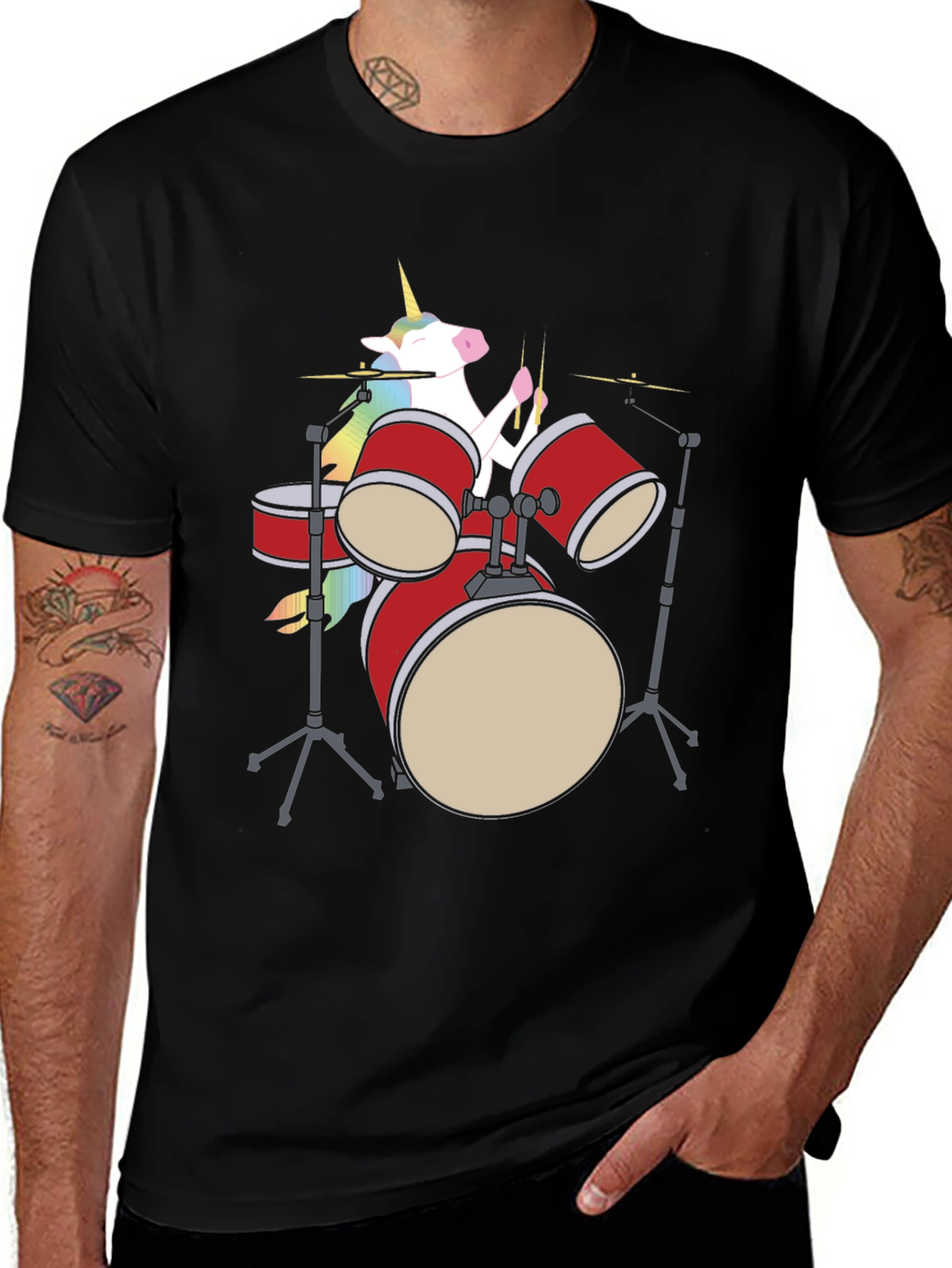 Variant 11 of Unicorn Drummer Graphic Tee - Black Cotton Shirt