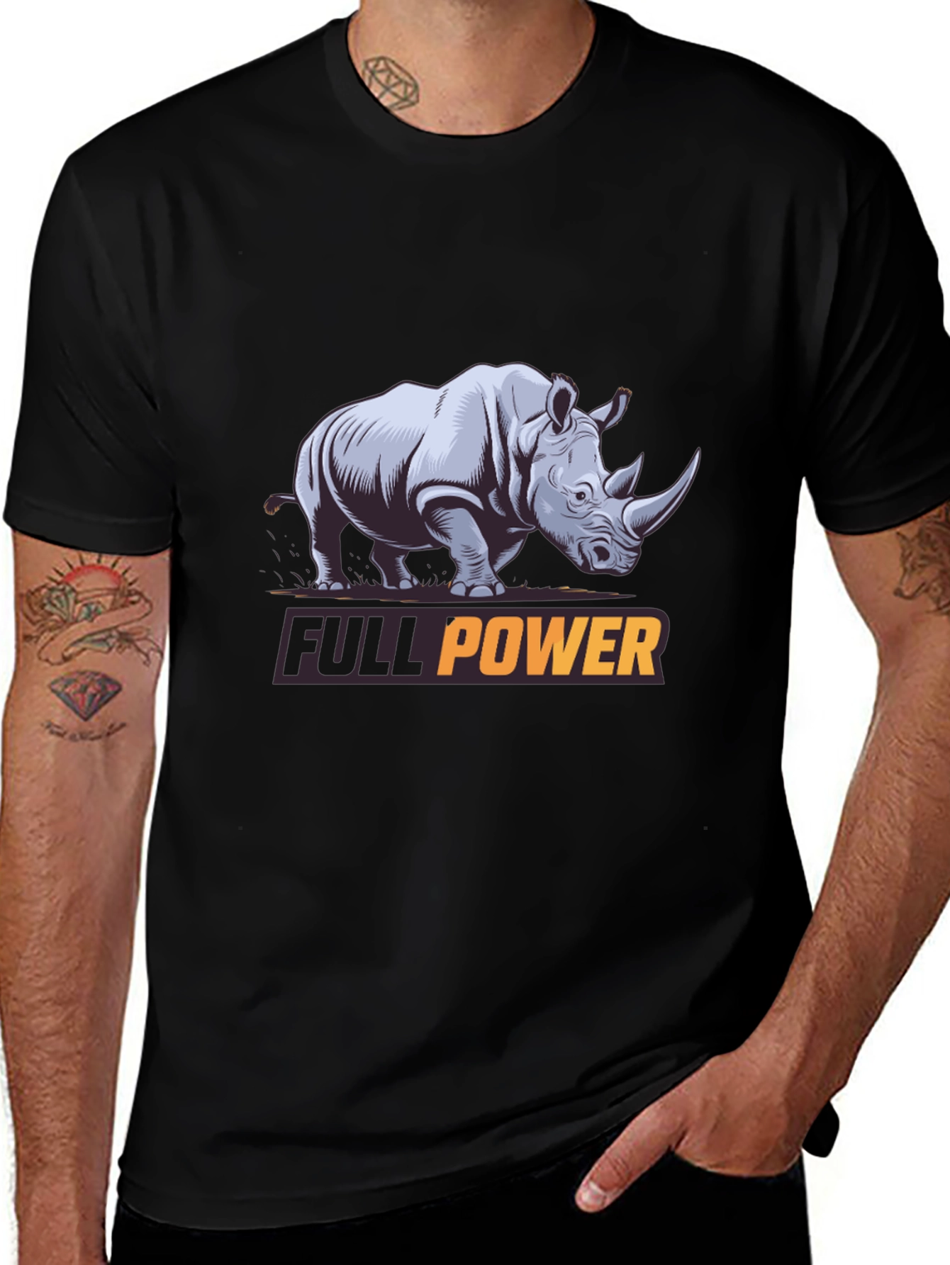 Variant 17 of Full Power Rhino Graphic Tee - Black Cotton T-Shirt
