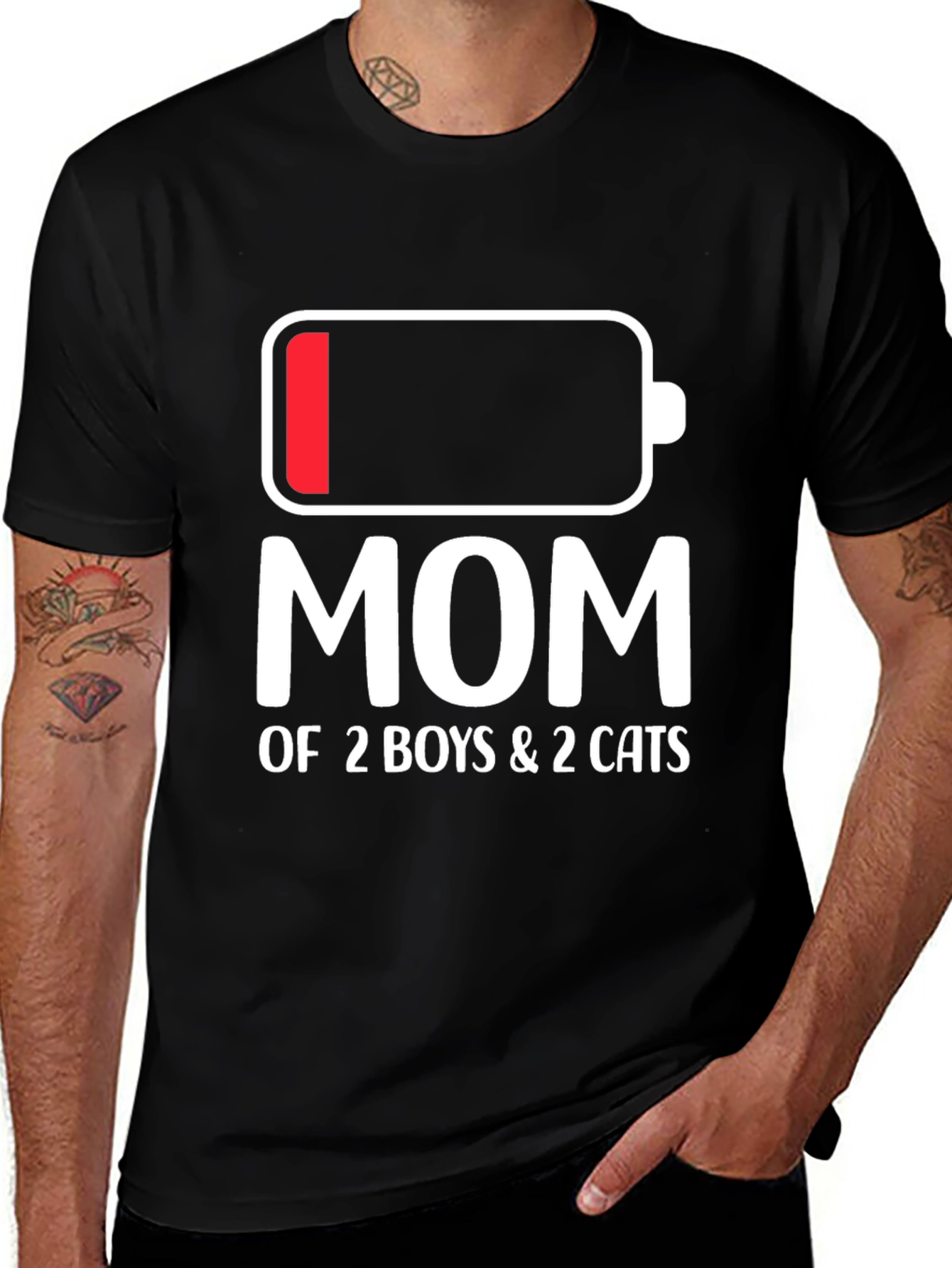 Funny Mom of 2 Boys & 2 Cats Low Battery T-Shirt