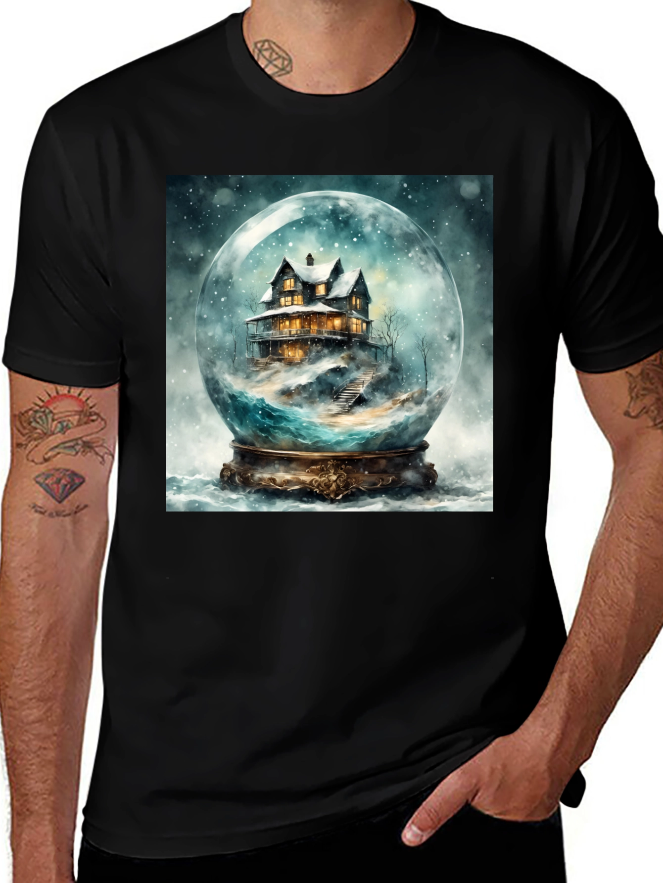 Variant 5 of Snow Globe House Graphic Tee - Cozy Winter Design