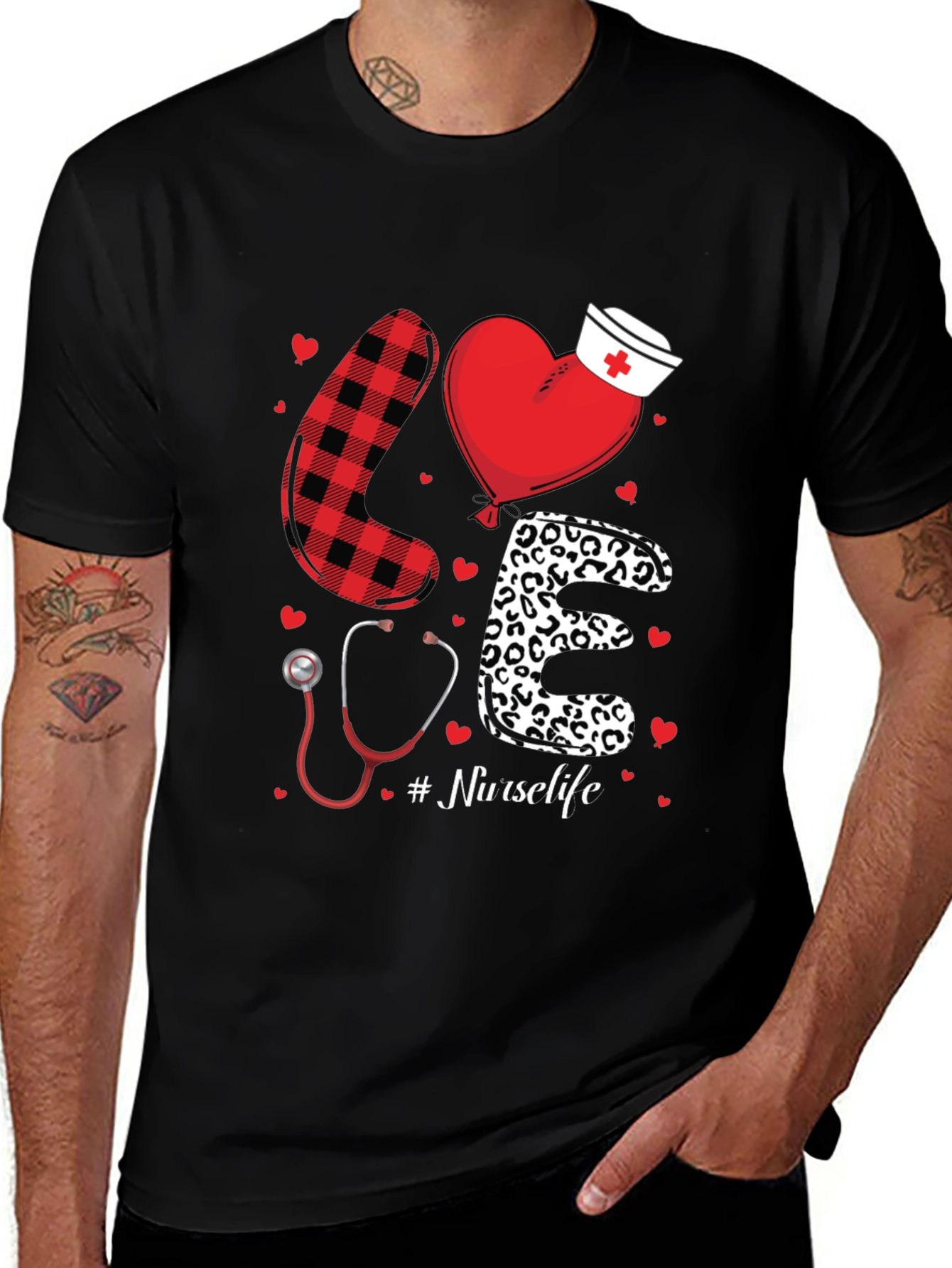 Variant 2 of Nurse Life Love Graphic T-Shirt - Heart, Stethoscope, Pattern Design