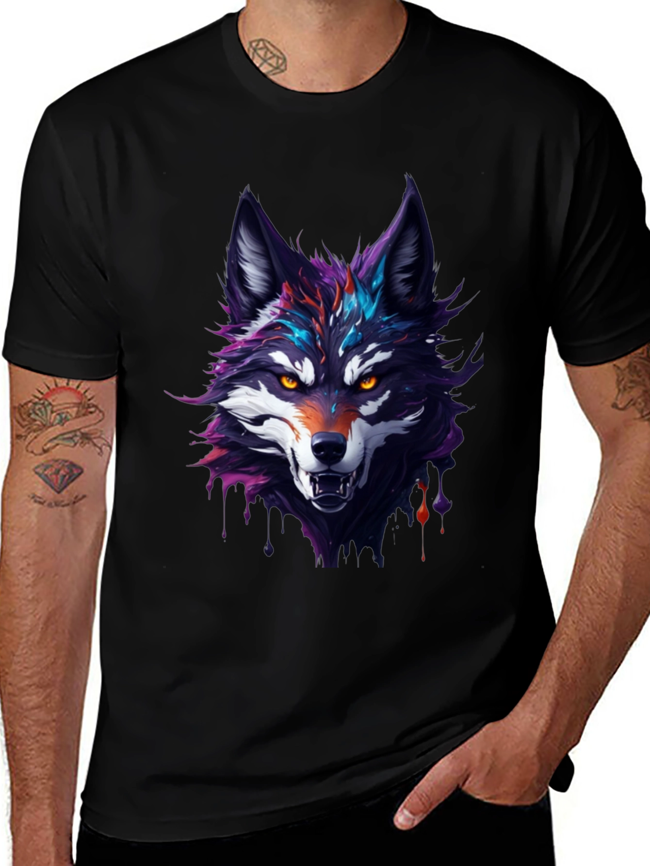 Variant 18 of Men's Black Wolf Graphic Tee - Bold & Vibrant Design