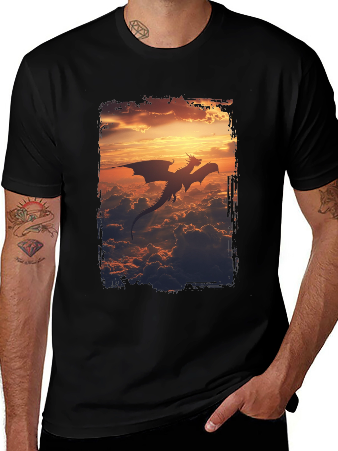 Variant 4 of Dragon Sunset Graphic Tee - Men's Black T-Shirt