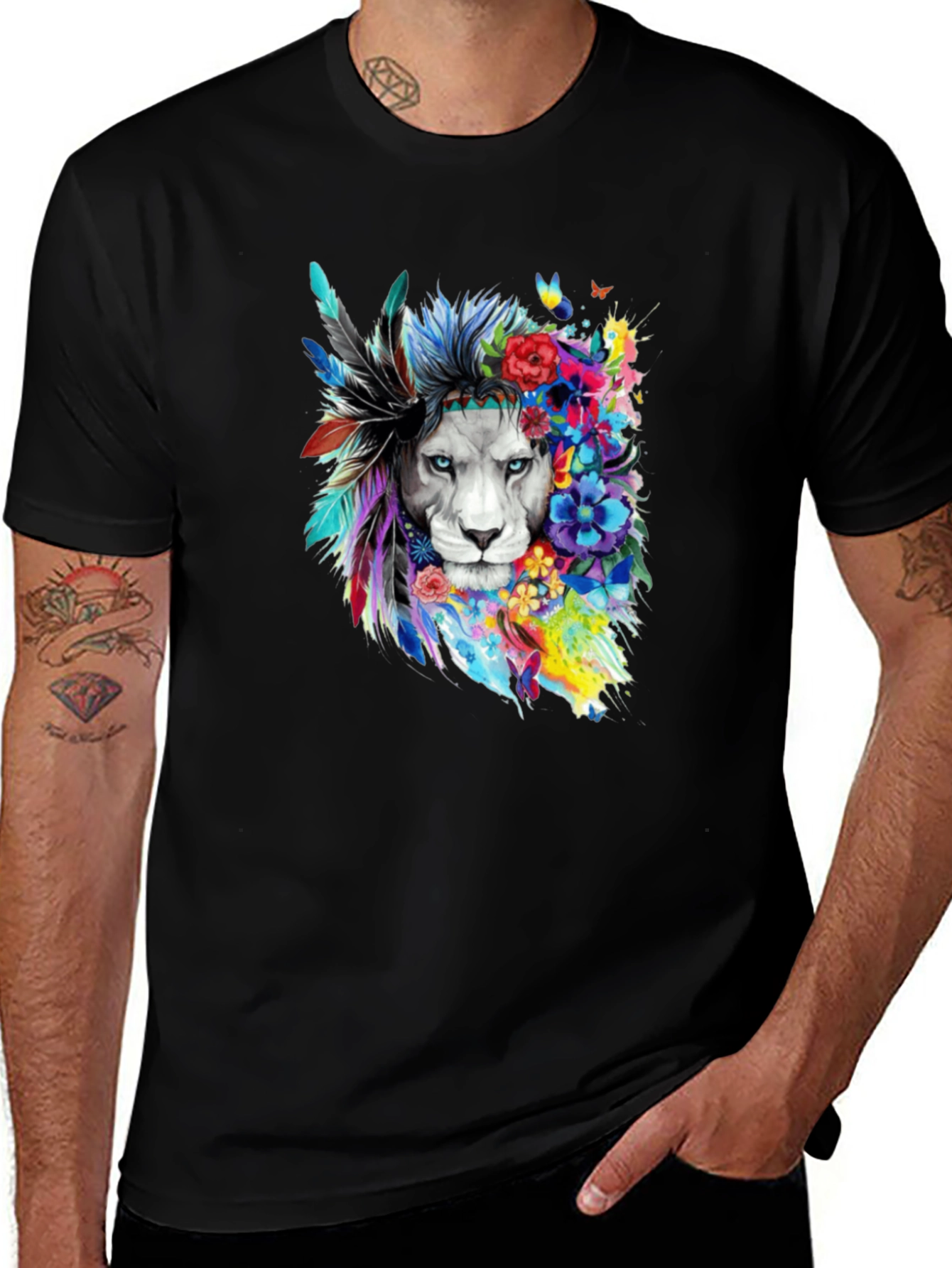 Lion Floral Headdress Graphic Tee - Men's Black T-Shirt