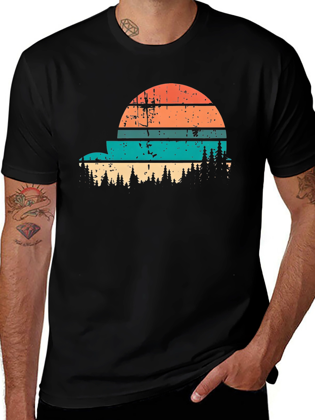 Variant 17 of Retro Sunset Forest Graphic Tee - Black