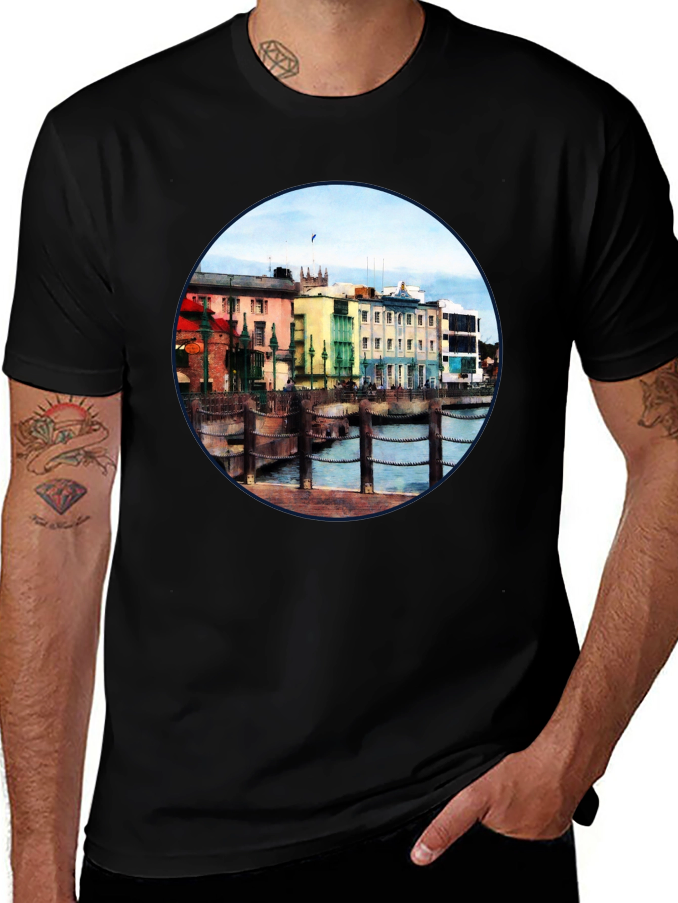Variant 23 of Scenic Waterfront Town Black T-Shirt