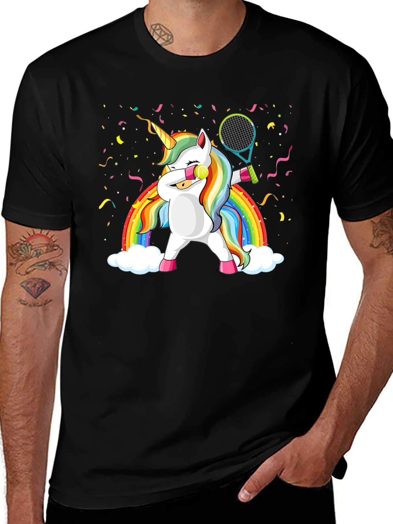 Variant 8 of Dabbing Unicorn Tennis Rainbow Graphic T-Shirt