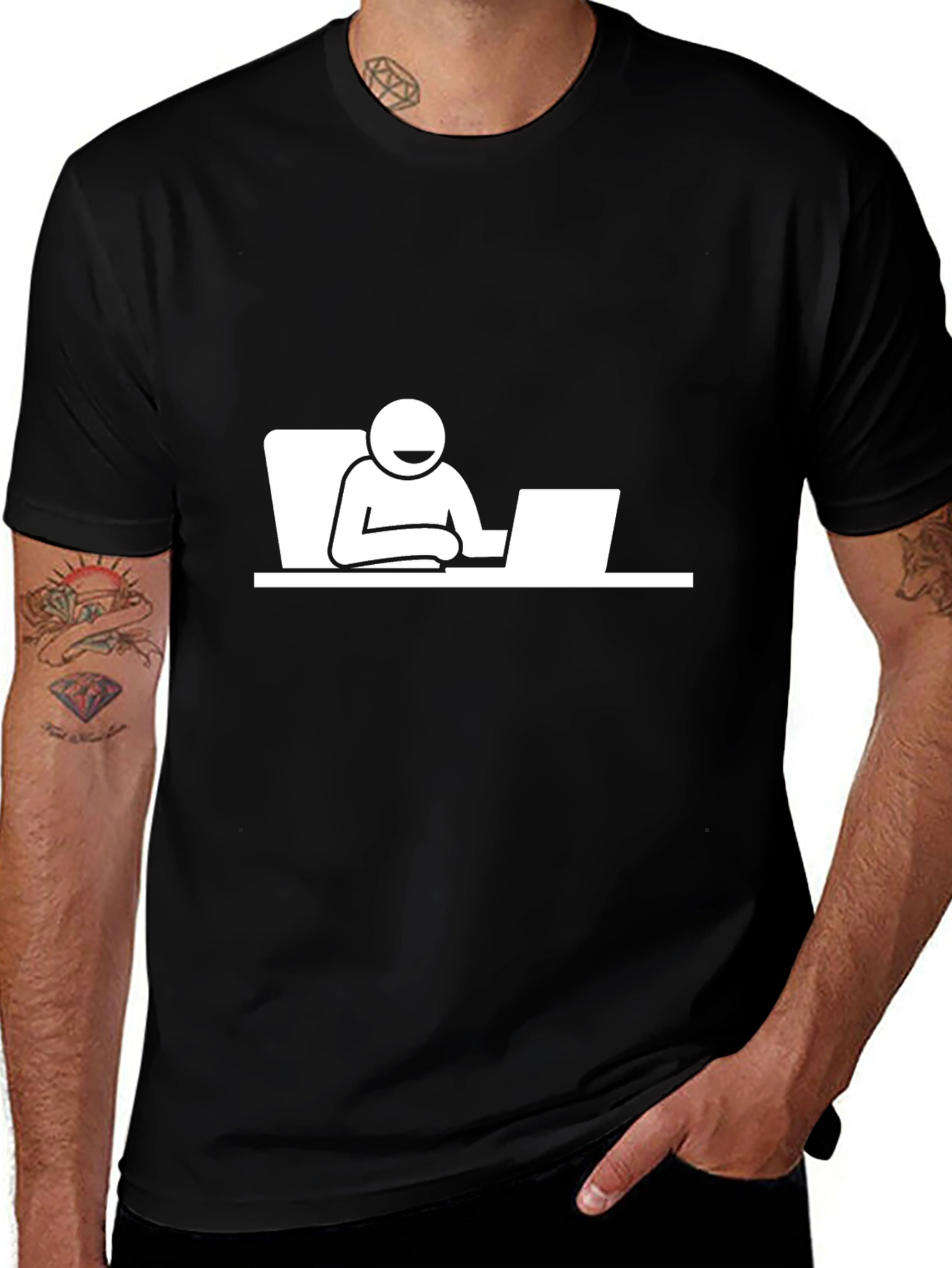 Variant 11 of Funny Stick Figure Working On Laptop Graphic Tee