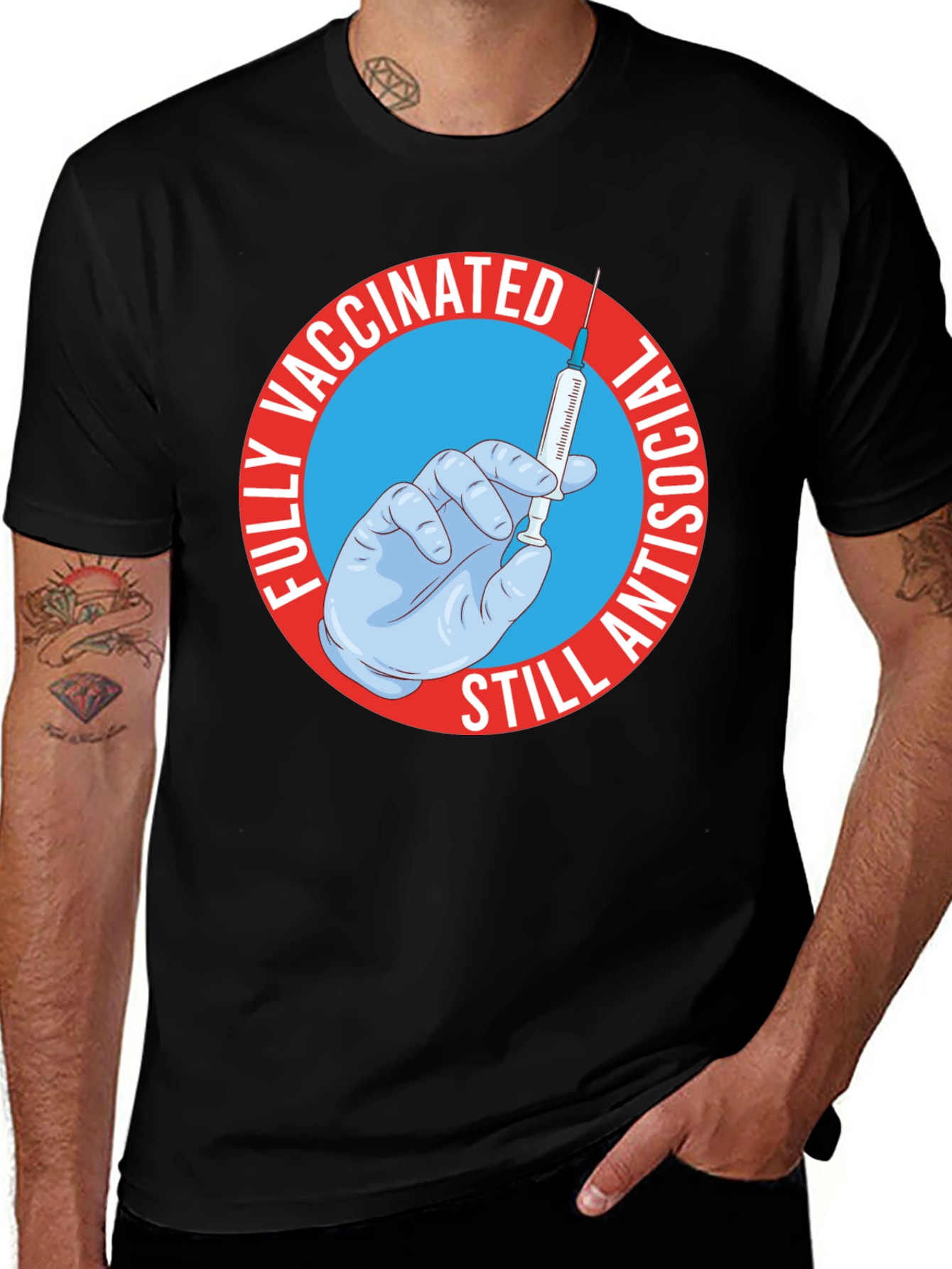 Variant 4 of Vaccinated Still Antisocial Black T-Shirt