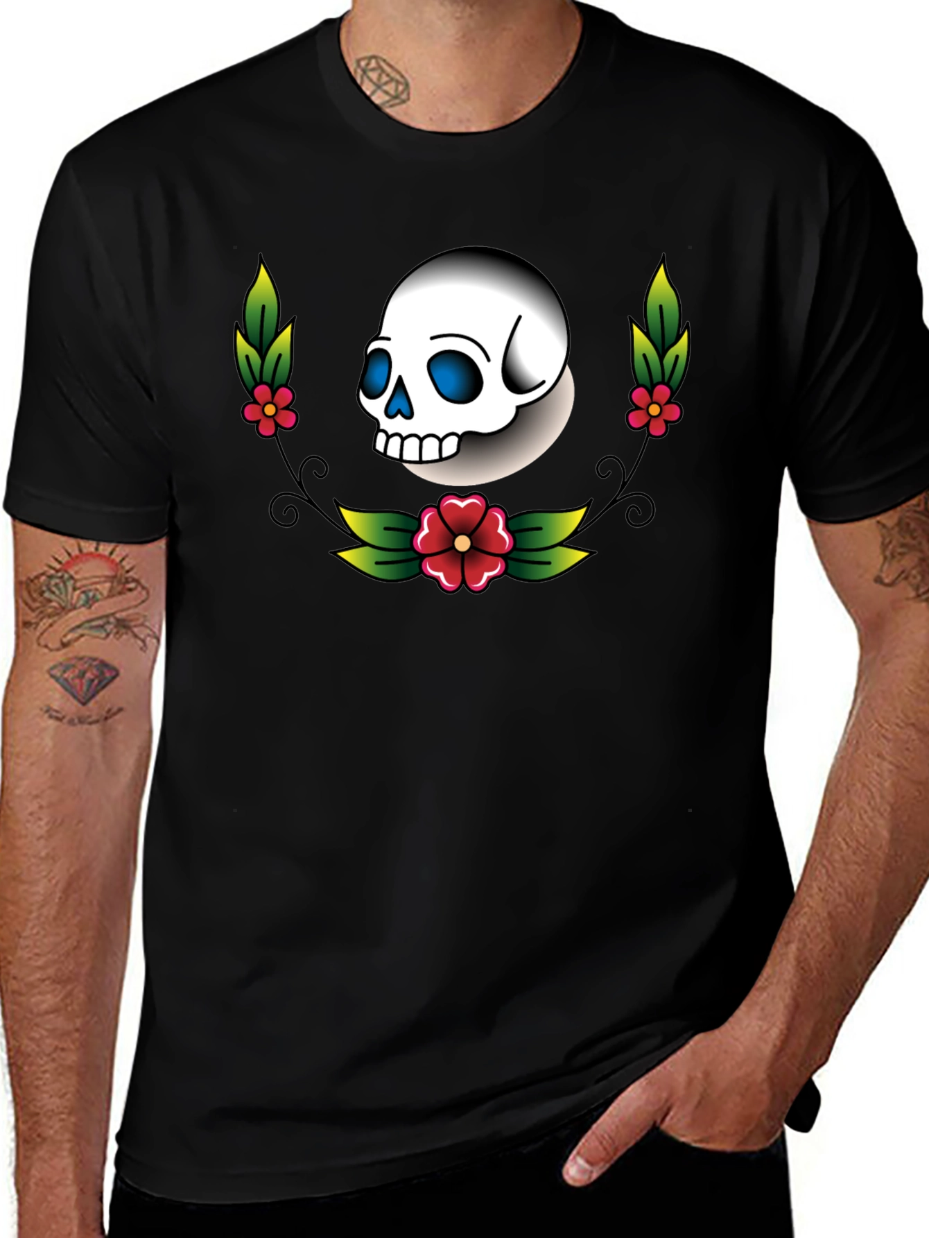 Variant 26 of Skull and Flowers Graphic Tee - Black
