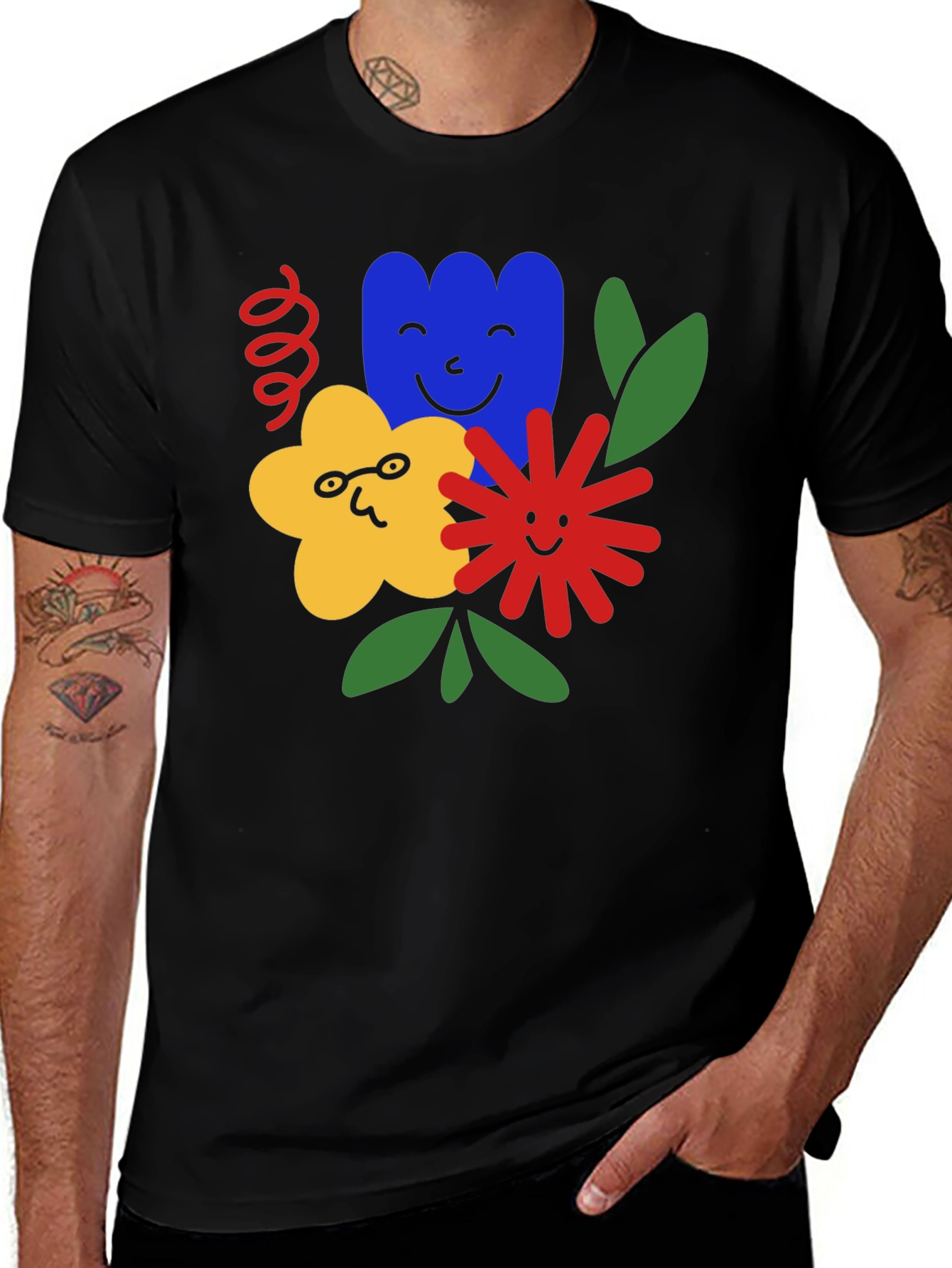 Variant 5 of Fun Floral Graphic Tee - Black Cotton T-Shirt