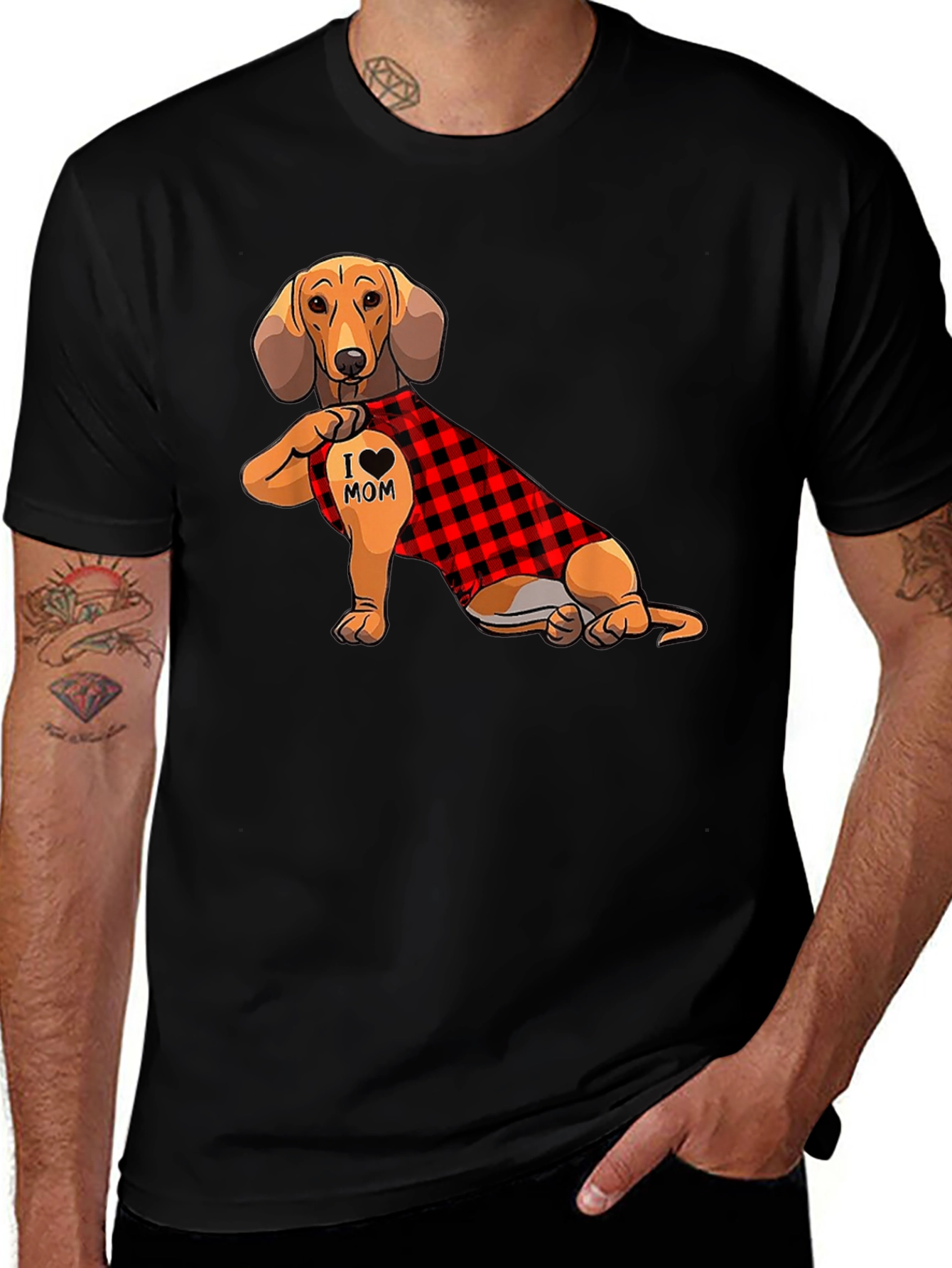 Variant 20 of Dachshund "I Love Mom" Buffalo Plaid Tee