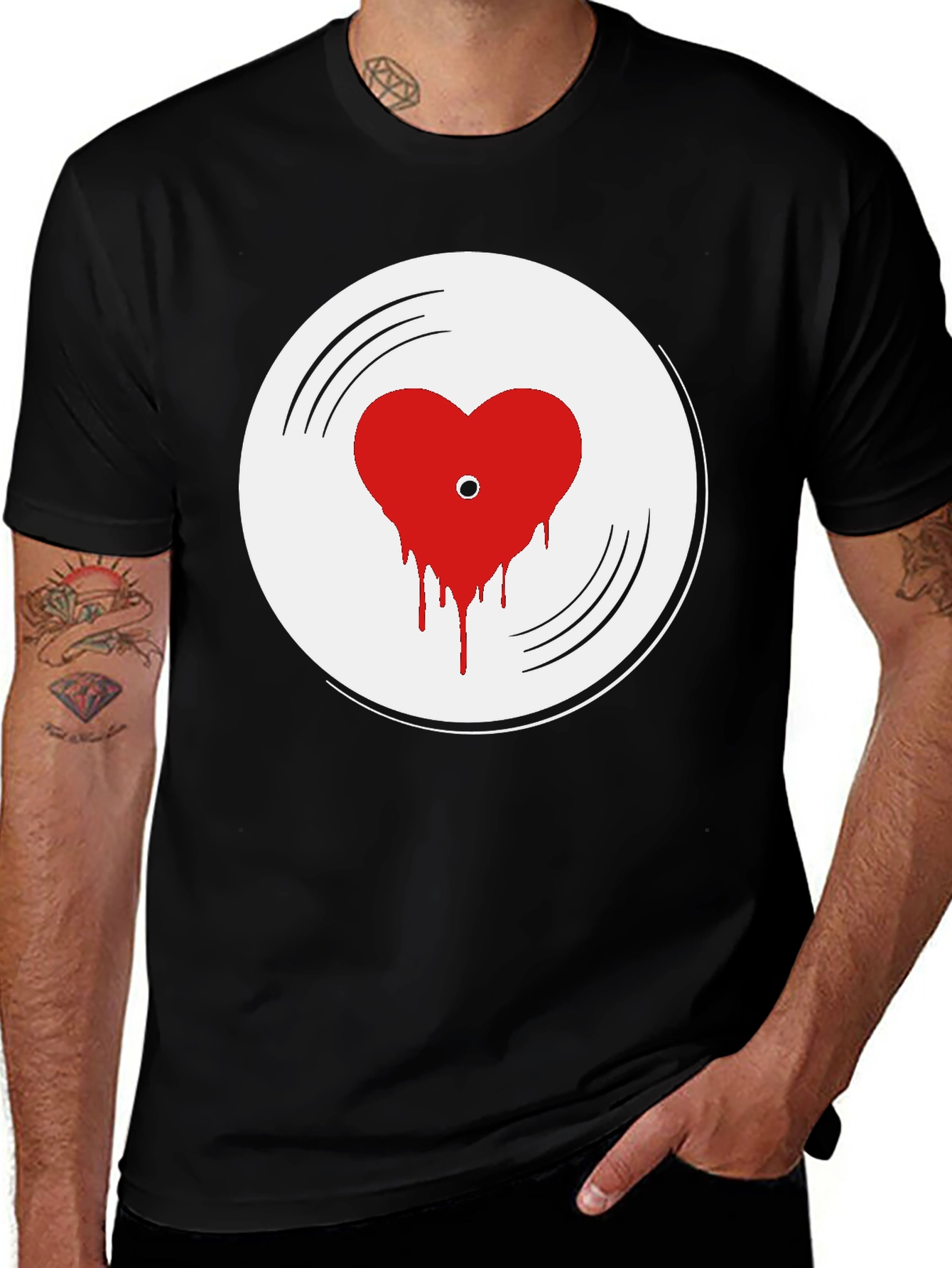 Variant 18 of Heart Record Graphic Tee - Black Cotton T-Shirt