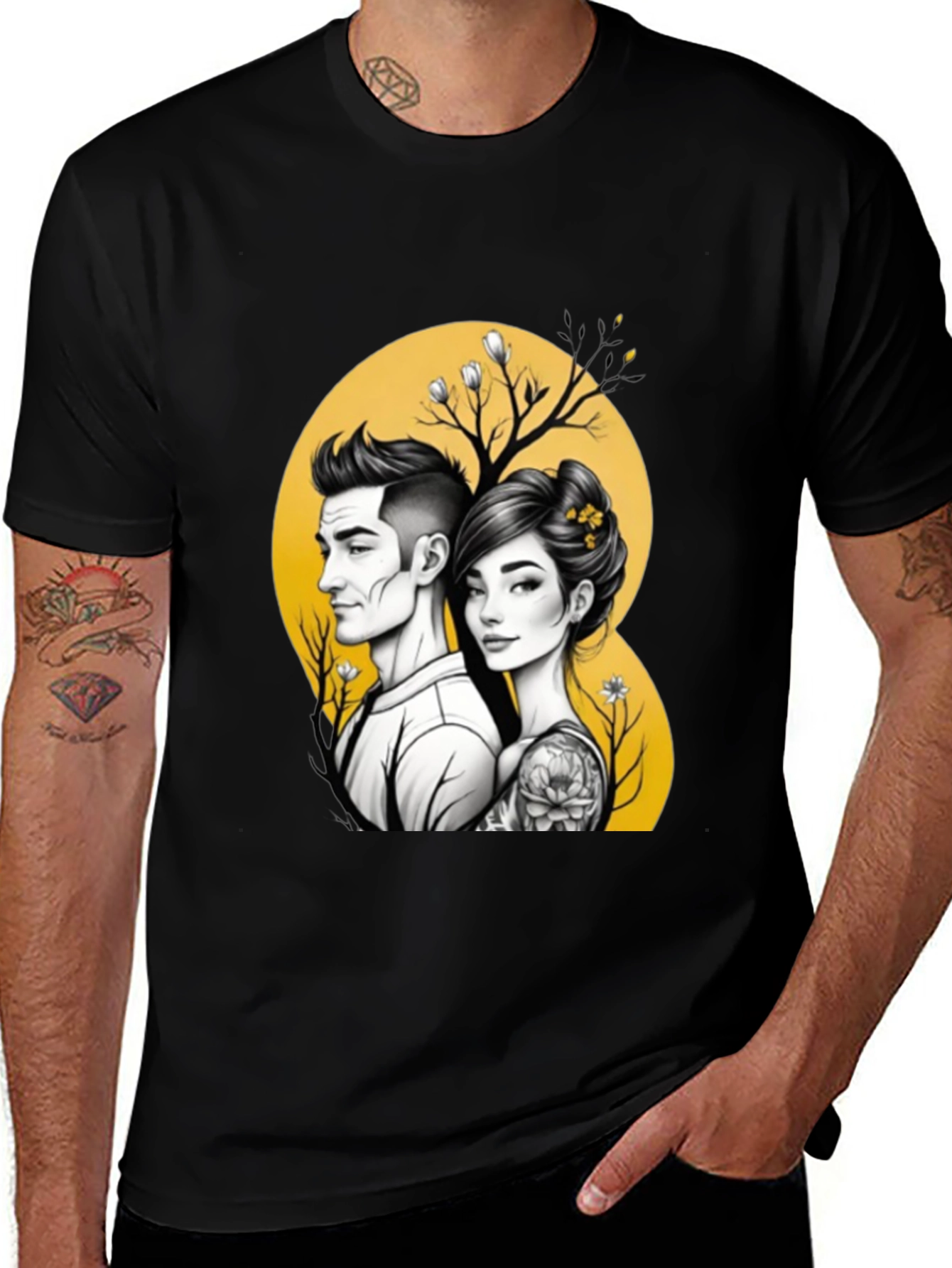 Variant 14 of Romantic Couple Graphic Tee - Stylish Unisex Black T-Shirt