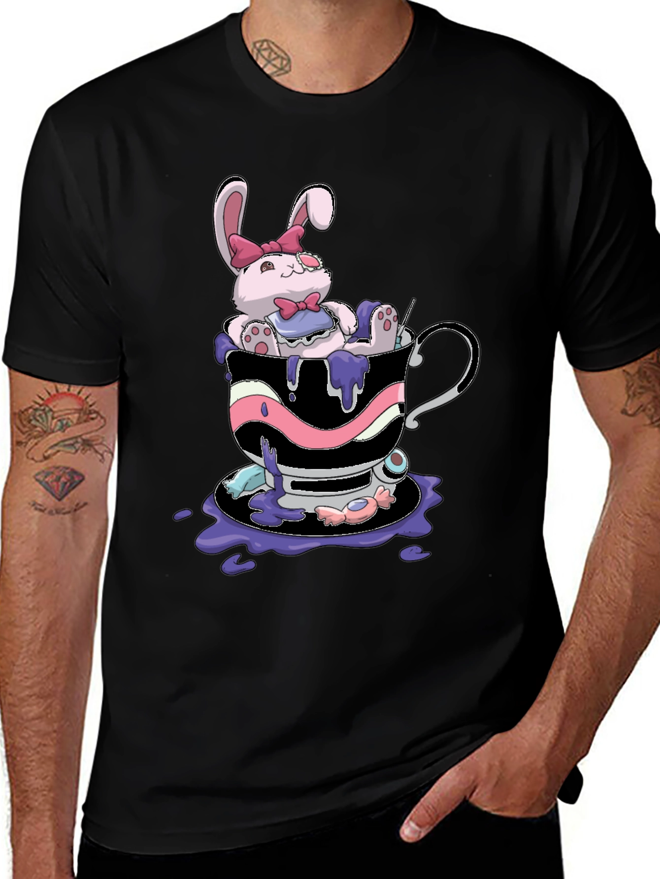 Variant 16 of Cute Bunny Tea Cup Black T-Shirt
