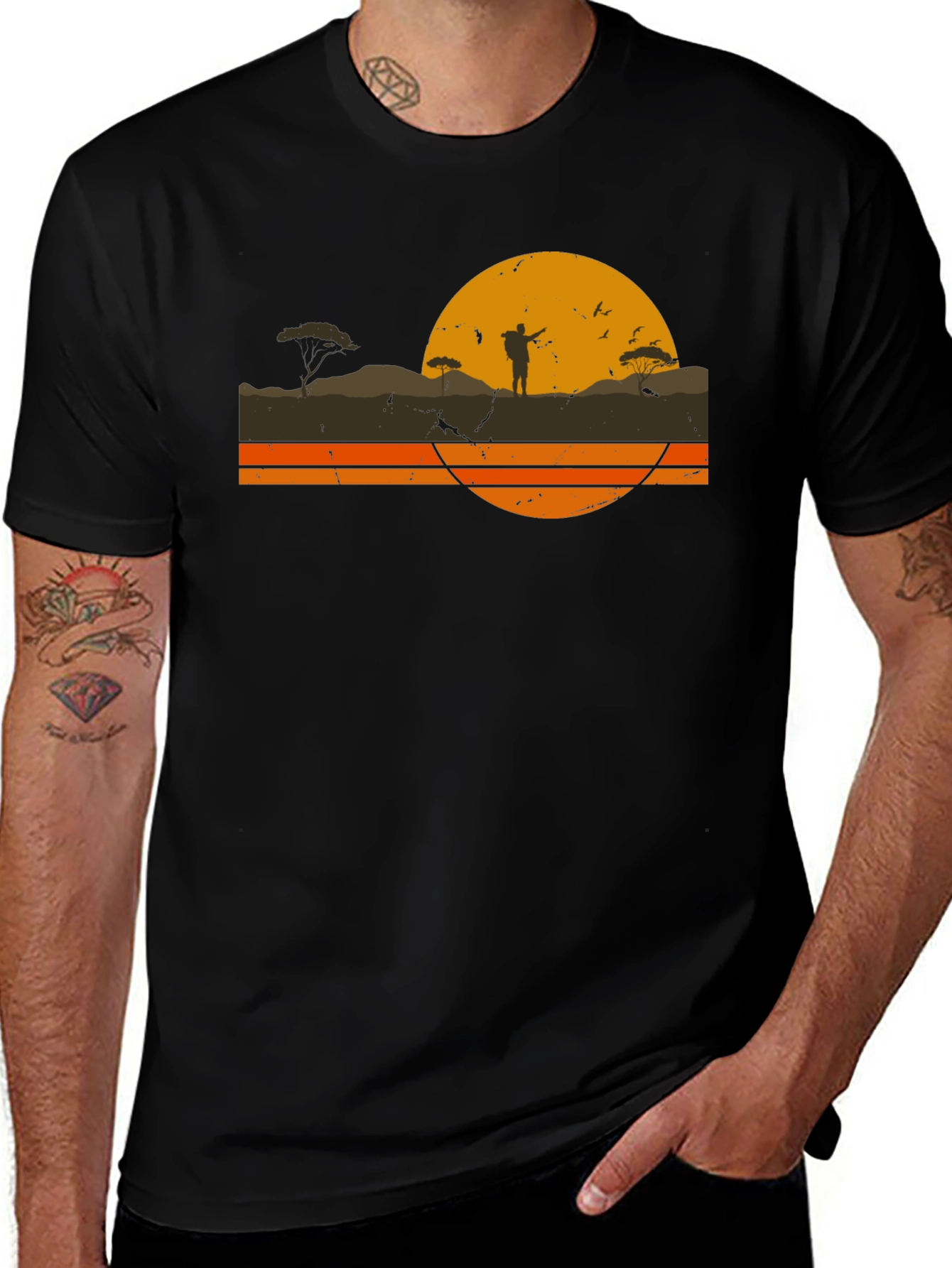 Black Retro Sunset Hiker Graphic T-Shirt main image