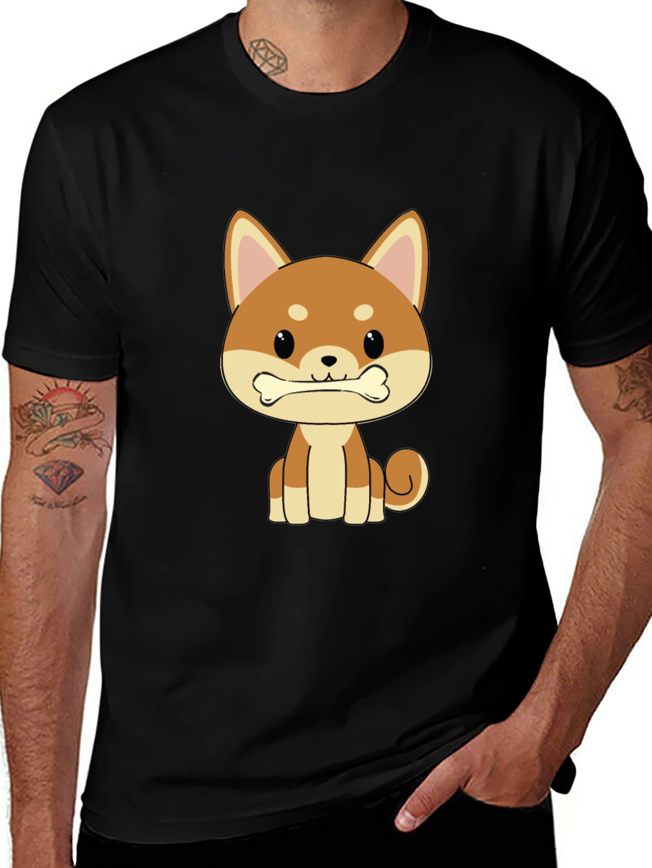 Cute Shiba Inu Dog Bone Graphic T-Shirt - Black
