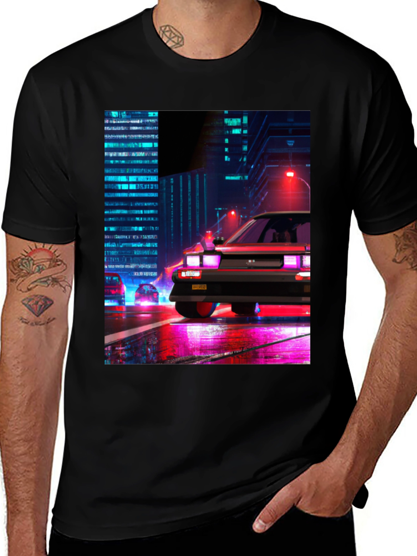 Variant 26 of Cyberpunk Car T-Shirt - Retro Cityscape Design