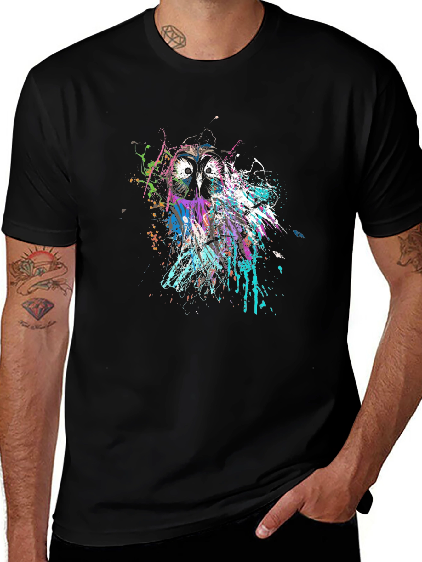 Variant 22 of Owl Splatter Print Black T-Shirt
